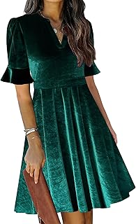 Womens Summer V Neck Ruffle Short Sleeve Fit and Flare Knee Length Church Wedding Guest Dresses with Pockets - Buy now