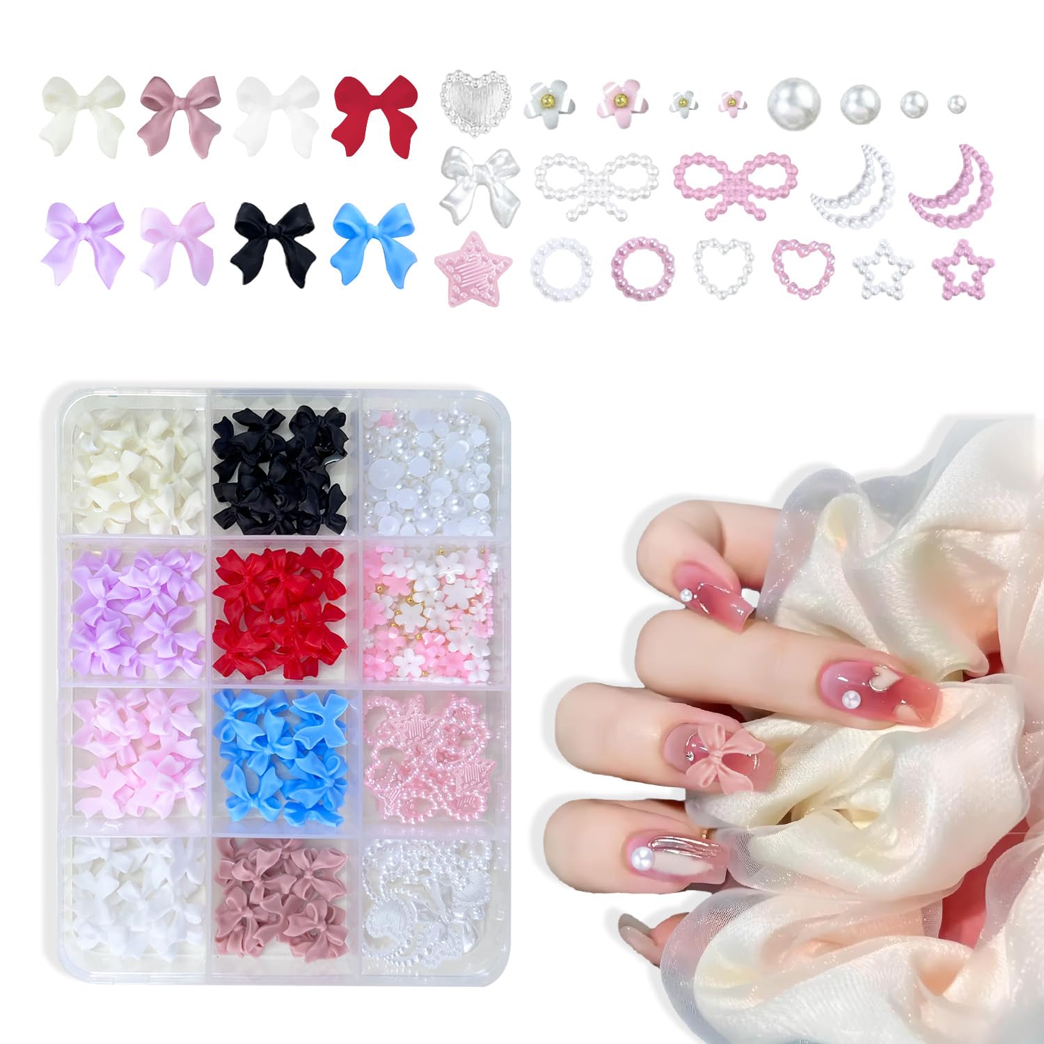 1 pudełko 12 siatek 3D Dekoracja paznokci, DIY Nail Art Design, Akcesoria do zdobienia paznokci dla kobiet i dziewcząt, mieszane kolorowe kokardy, płaskie tło koraliki, gwiazdy, kwiaty