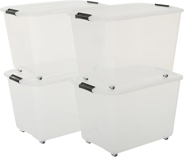 Iris Ohyama, Set of 4, Storage boxes, 60 L with wheels, snap closure, living room, bedroom, Garage - Top Box Roller TBR-60 - Transparent