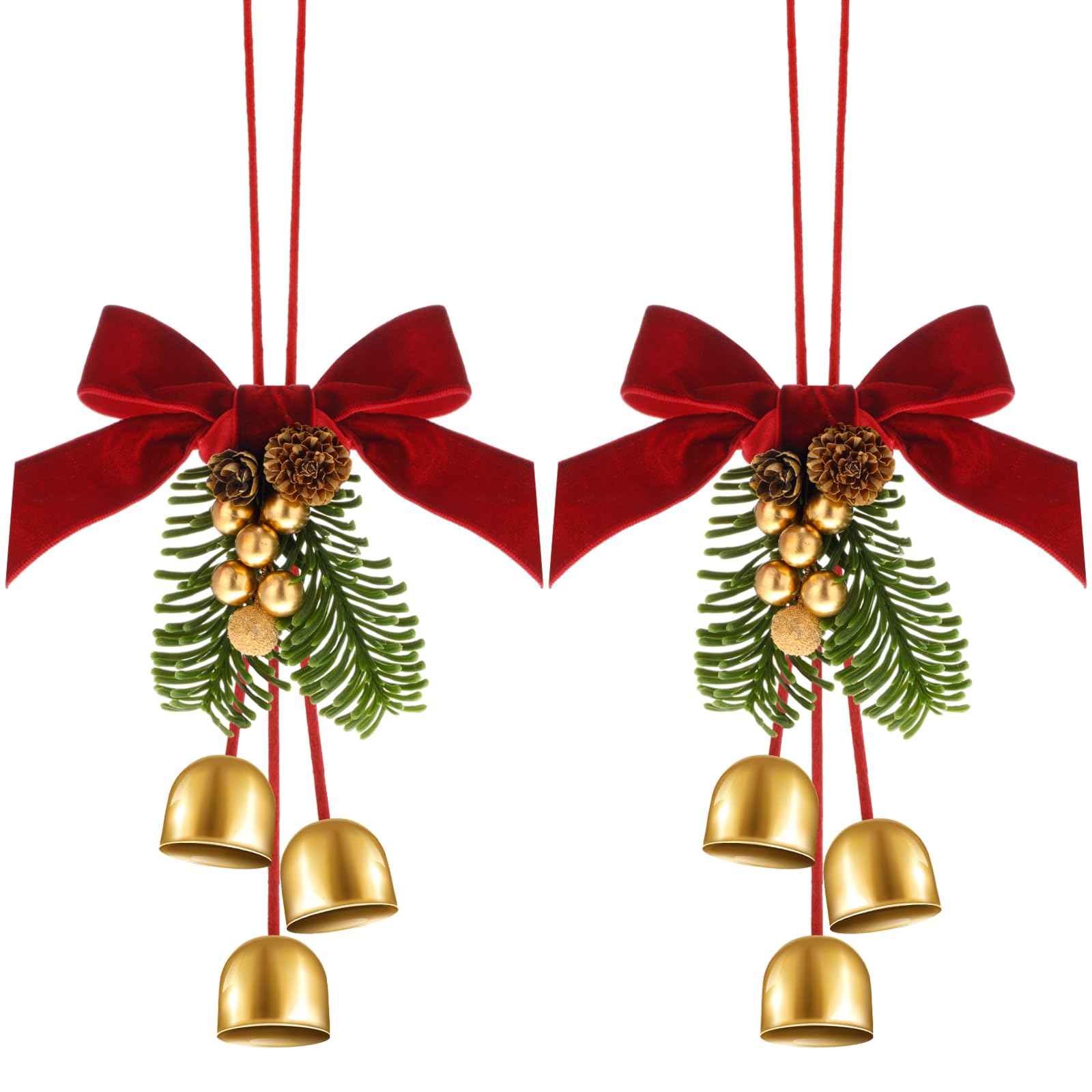 Daifunli 2 Pcs Christmas Wreath Bows with Jingle Bells and Pinecone Hanging Christmas Tree Topper Xmas Bow Pine Cones with Bell Pendant Decorative Bows Ornament for Party Decoration Kitchen Cabinet