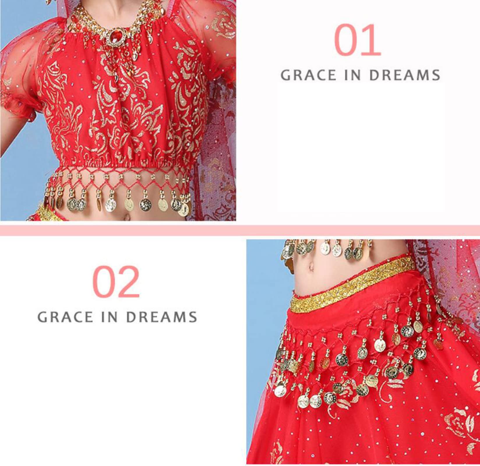 5 Teile/Satz Kinder Bauchtanz Kostüm Set Orientalische Indische Tanzkostüme Bauchtanzabnutzung Kleid Indische Kleidung Für Mädchen,Rot,S