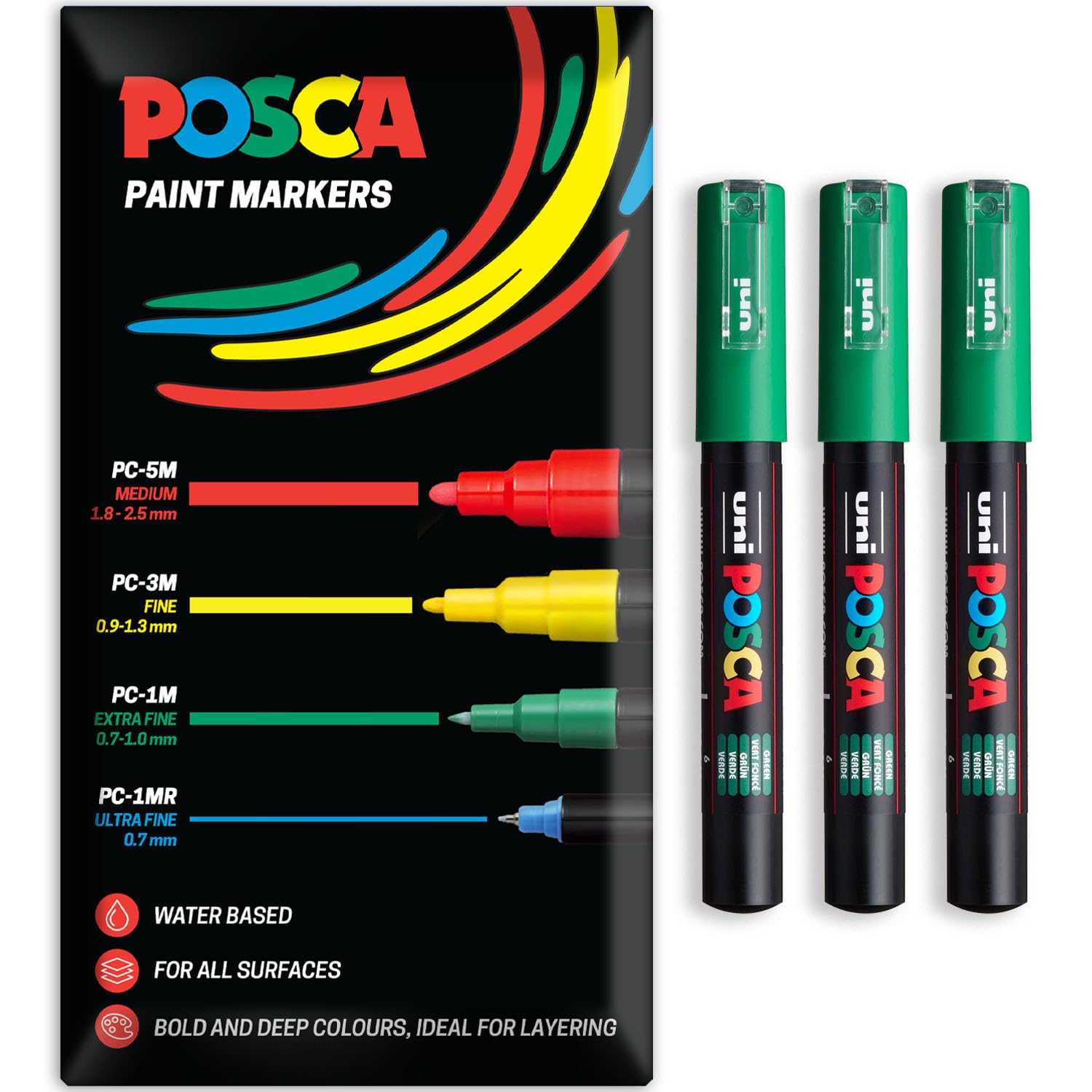 Posca Water Based Acrylic Paint Marker Pens | Multi Surface Use Permanent Paint Pen | Pack of 3 Pens in Envelope Gift Packaging | Glass, Fabric, Canvas, Wood etc | PC-1M, Green โ image 1