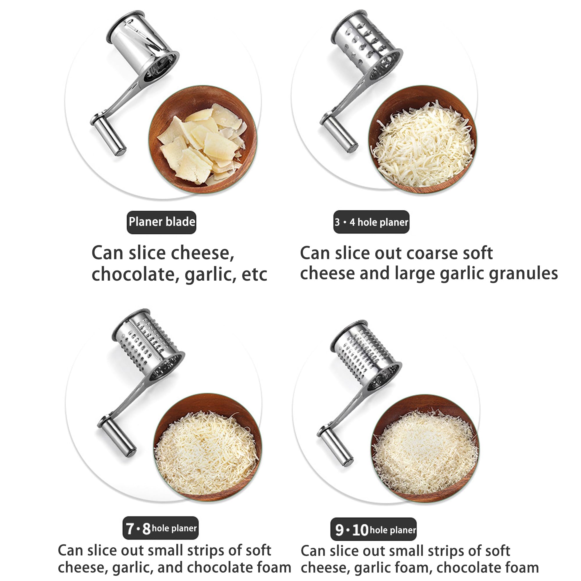 SUQ 4 in 1 Grattugia Formaggio, Grattugia Rotativa Portatile con Manico per Cucina con 3 Lame Sostituibili in Acciaio Inox, Grattugia Rotativa Manuale per Formaggio, Affettatrice per Verdure