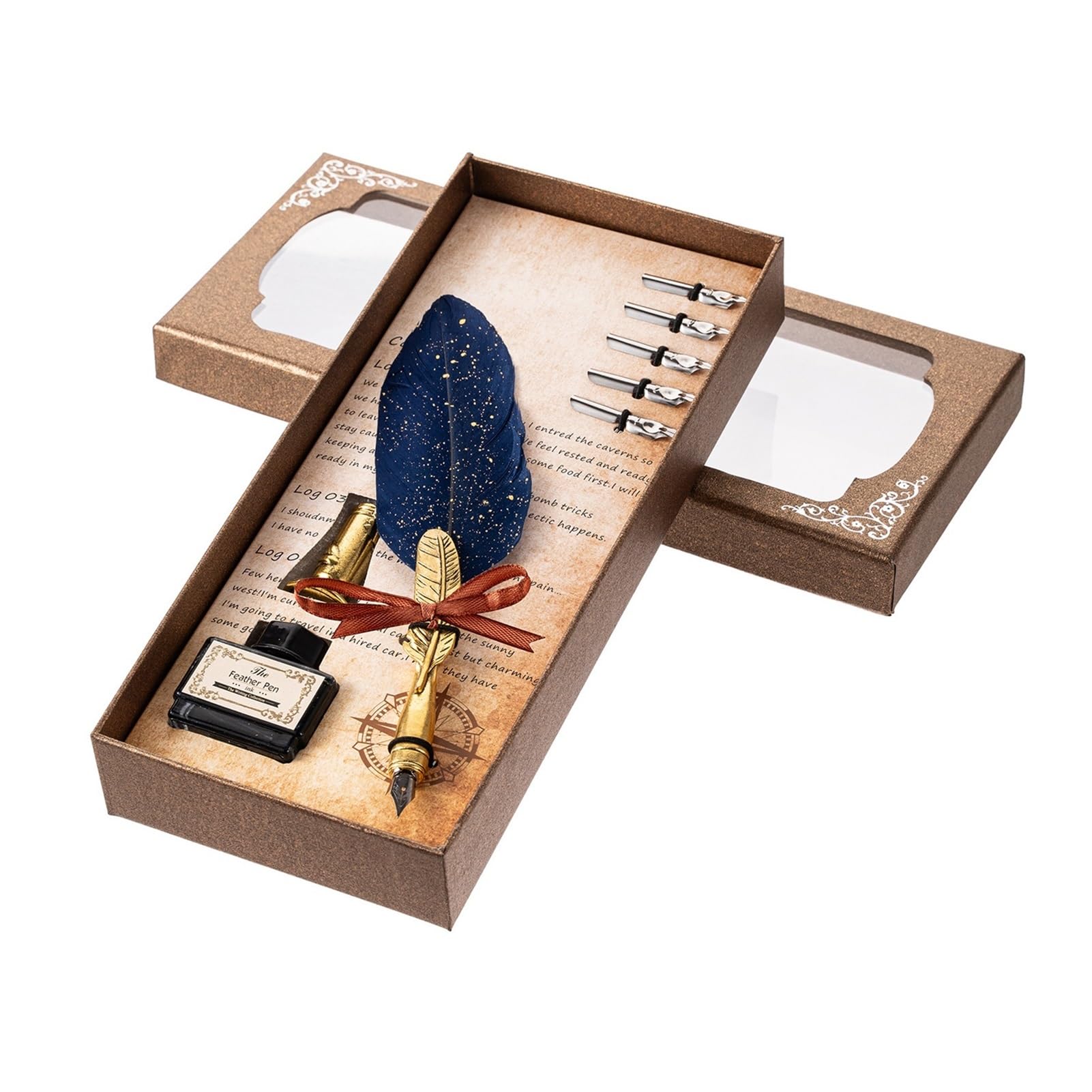 Schreibfeder Federkiel und Tintenset, Retro-Feder-Tintenstift-Set, Vintage-Kalligraphie-Schreibunterschrift, mit 5 Ersatzfedern, Stifthalter(Blue)