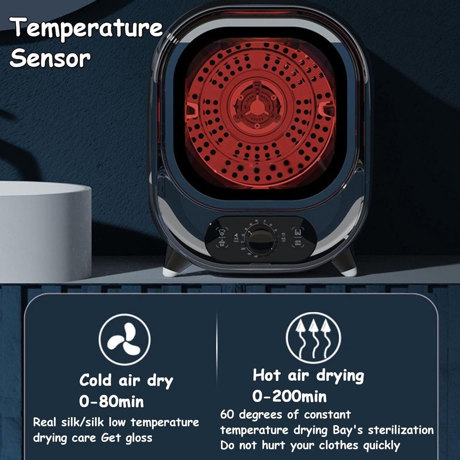 Small Portable Condenser Dryer,with Dual Temperature Control Probe,Condenser Tumble Dryer with Stainless Steel Tub,0.8kg Load Capacity For Countertop Or Wall Mounted 450W for Apartment, Dorm(C)