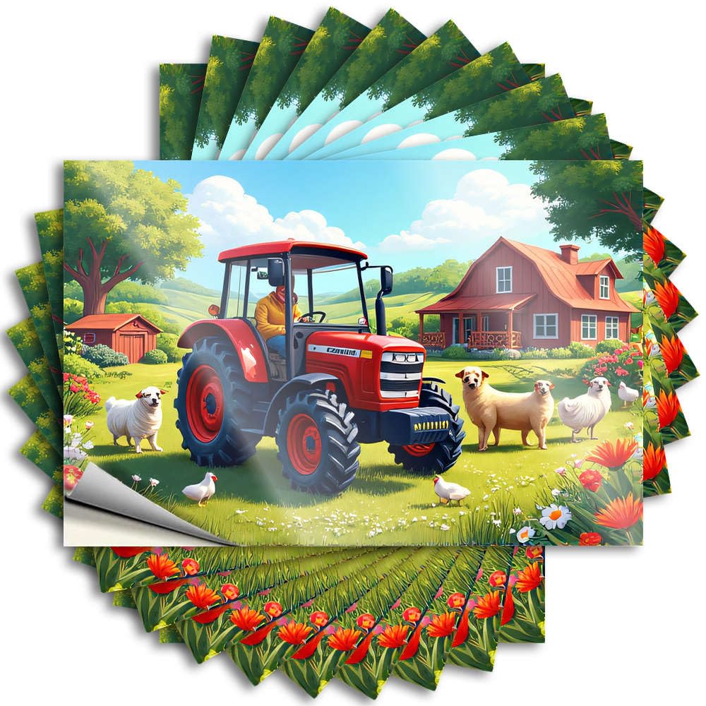 Decal Funny Stuff Peel and Stick - A Farmer Drives A Red Tractor On A Sunny Day, Surrounded By Sheep, Chickens Wall Accent Waterproof Vinyl for Adults(6X9CM)