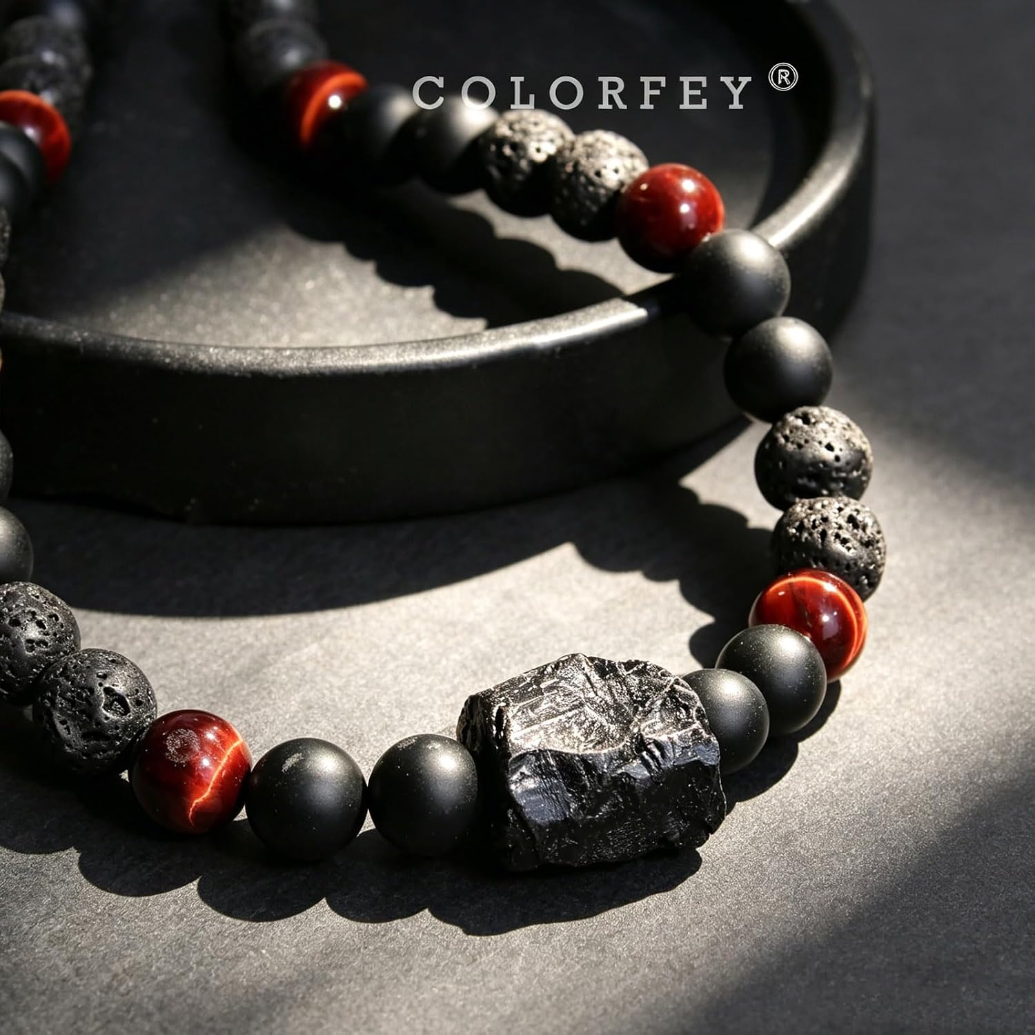 Mens Black Tourmaline Beaded Necklaces Healing Red Tiger Eye Onyx Lava Stone Crystal Necklace Raw Tourmaline Jewelry for Men, Unique Handmade Triple Protection Necklace for Emotion Healing