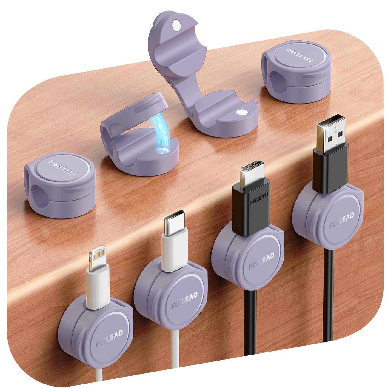 FLYLEAD 8 Stück Silikon Kabelhalter Magnetische Kabelclips Selbstklebende Kabelmanagement Schreibtisch Organizer für Nachttisch, Ladekabel, HDMI, USB, Audiokabel, Lila
