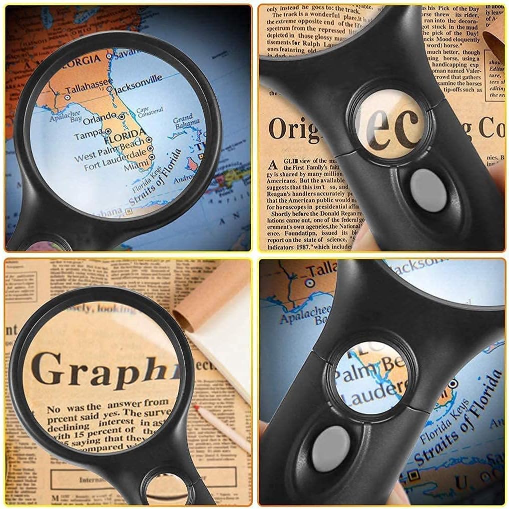 ライト付き拡大鏡 拡大鏡レンズ - 小さなもの、地図、コイン、宝石を読むためのライト付き手持ち拡大鏡 - 拡大鏡 powerfull 拡大鏡 ライト付き  手持ちルーペ LEDライト ハンドルーペ 3倍 45倍 拡大 明るい 虫めがね 軽量 乾電池式 便利グッズ よく見える 新聞 読書 標本 ...