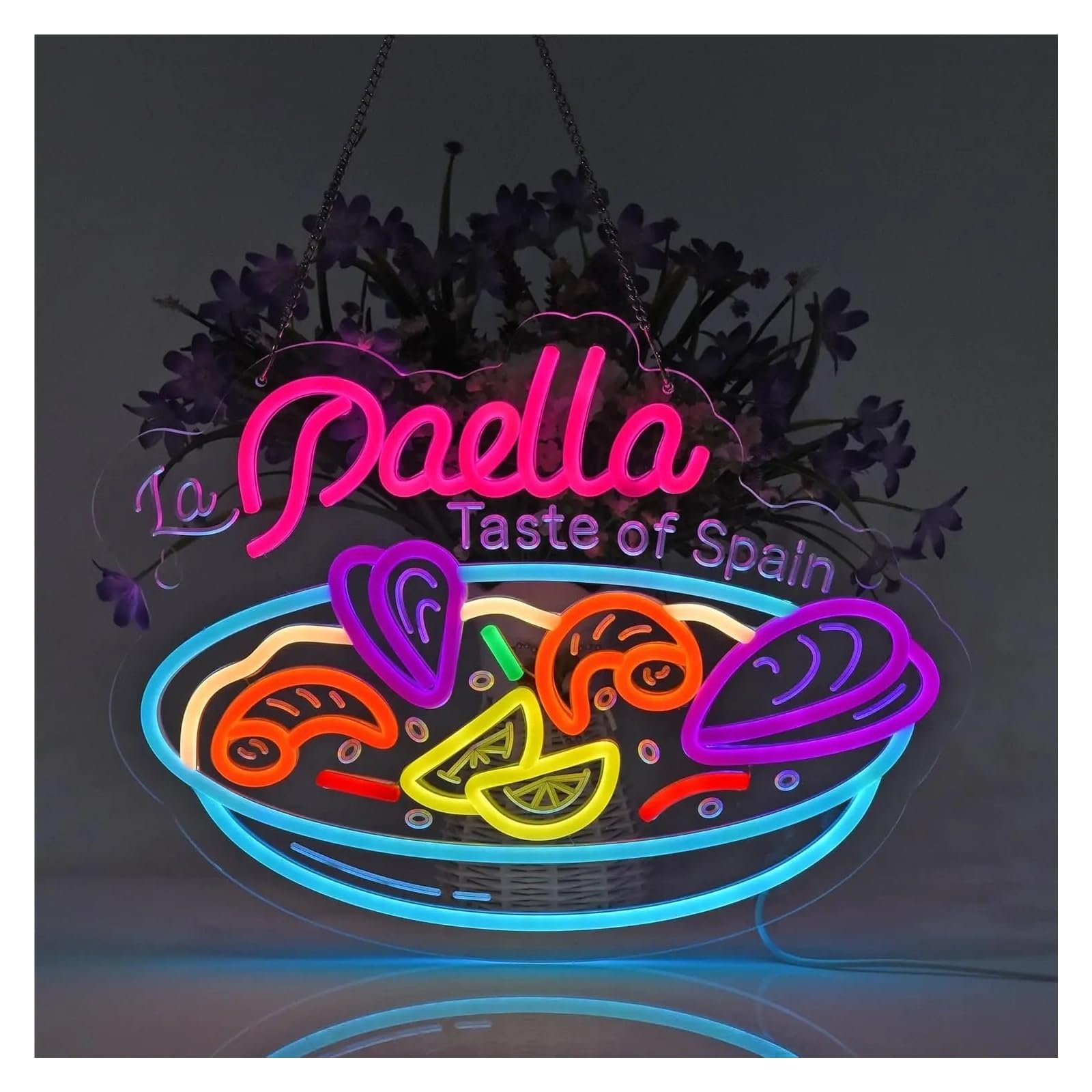 Hängende Kunst-Leuchtreklamen Paella-Neonschild, USB-dimmbares LED-Licht für Restaurant, Snack-Shop, Küche, Essensliebhaber, Party, Wandkunst, Dekoration, 15.75x11.81in