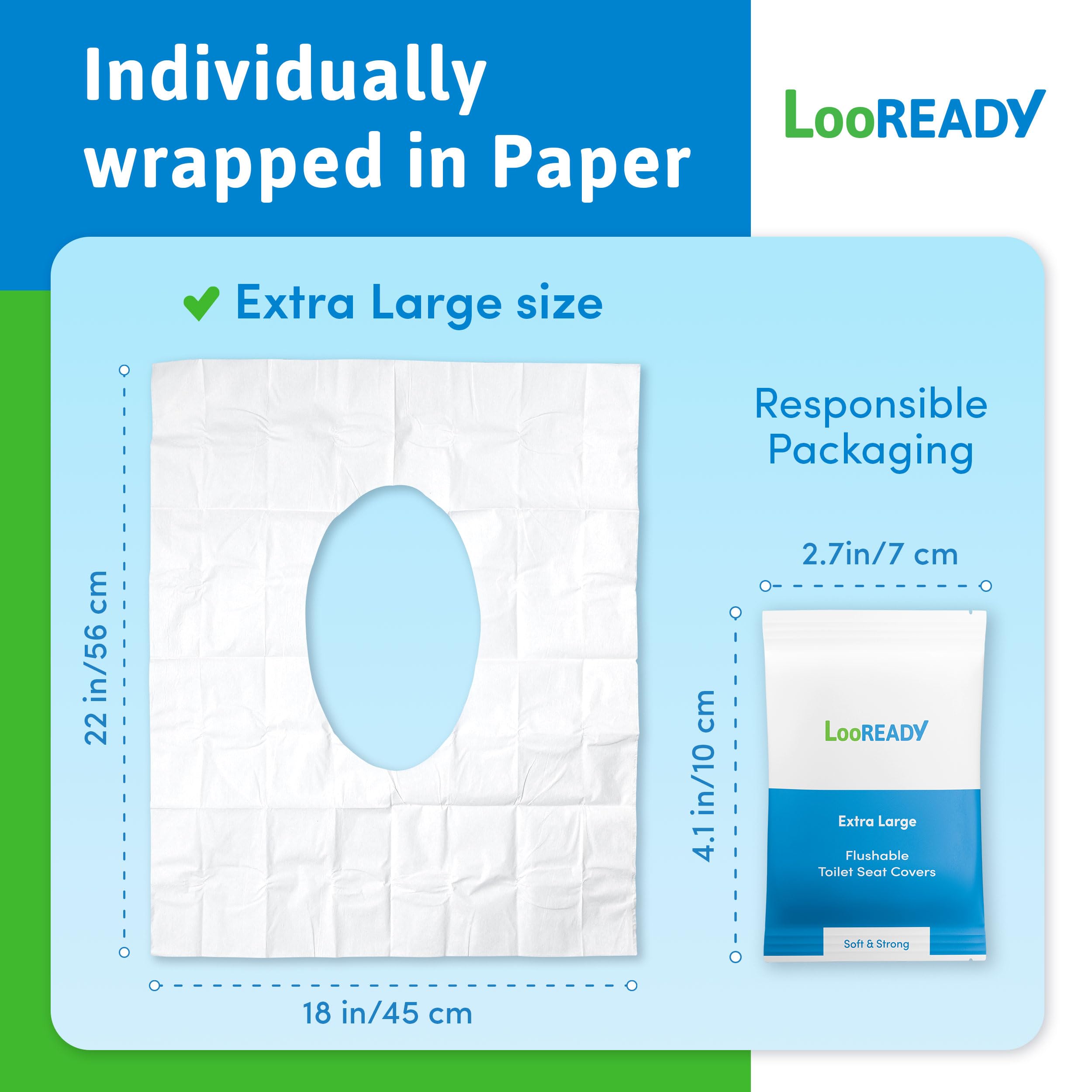 LooREADY Disposable Toilet Seat Covers - 100% Flushable - Extra Large, Disposable and Biodegradable - Ideal for Travel, Potty Training and Personal Hygiene - 30 Individually Wrapped Packet