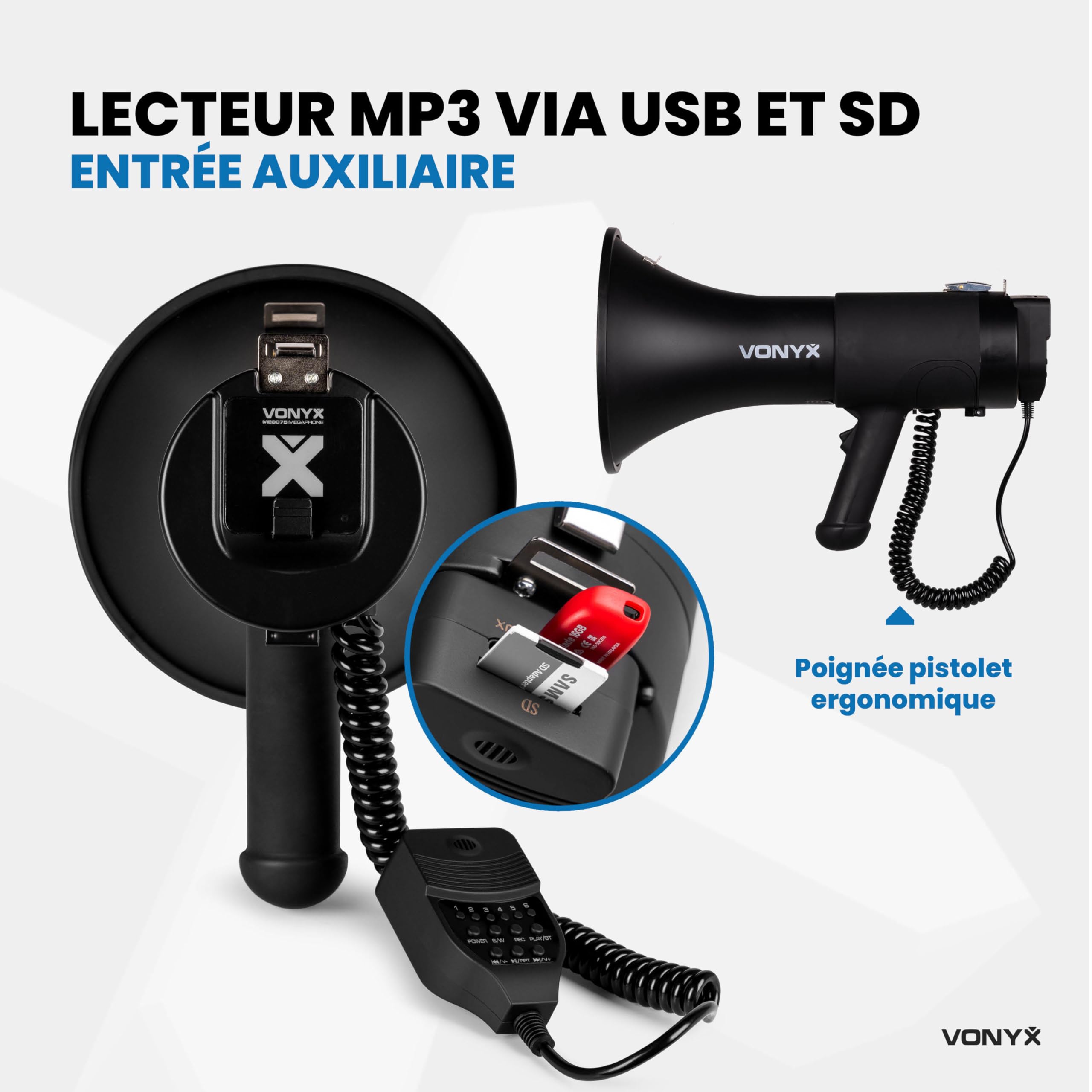 VONYX MEG075 Pack Mégaphone 75W - avec 1x Batterie Rechargeable MRB12, Portée Jusqu’à 1,3 km, Micro Main Détachable, Bluetooth & Lecteur MP3, Idéal pour Manifestations et Matchs Sportifs