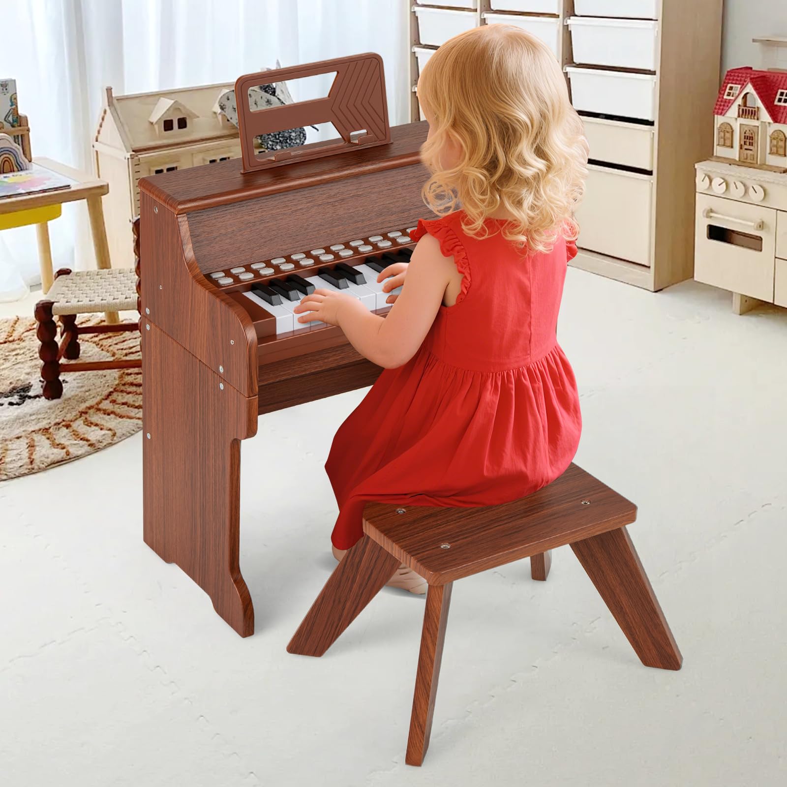 COSTWAY Piano Infantil de 25 Teclas con Taburete y Atril, Órgano Electrónico Niños con Velocidad y Volumen Ajustables, Modo de Enseñanza, Marco Madera, Instrumento Musical para Niños 3+ Años (Marrón)