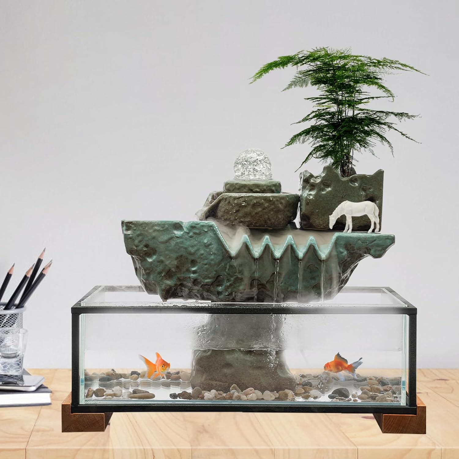 Tabletop Water Fountain, Indoor Waterfall Fountain with Colored LED Light Decorative Feng Shui Tabletop Fountain with Mist and Pump Home Gifts for Friends or Family (Style A)