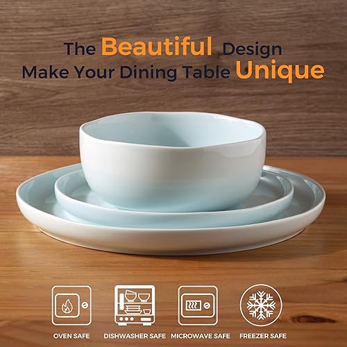 Miniatura 2 de Vajilla de cerámica, juegos de platos y cuencos de cerámica con borde ondulado artesanal, altamente resistentes a las astillas y grietas, aptos para