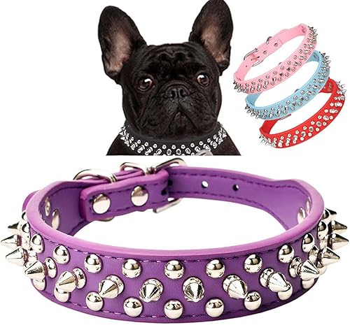 Miniatura 8 de Serijoars Collar de perro con pinchos, de piel sintética suave, con remaches, tachuelas, collar ajustable para cachorro (M, negro)