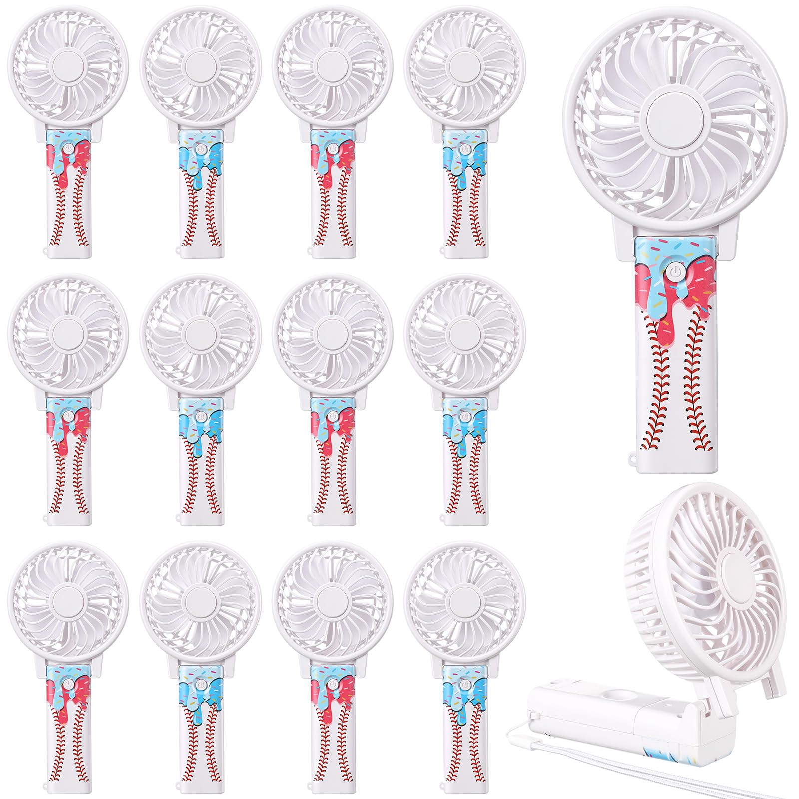 Yuntau 12 Pack Baseball Ice Cream Drip Mini Handheld Fans Foldable Portable Cooling Fans Bulk with Lanyards for Softball Team Gifts Game Day Outdoor Sport Party Favors(Battery Not Included)