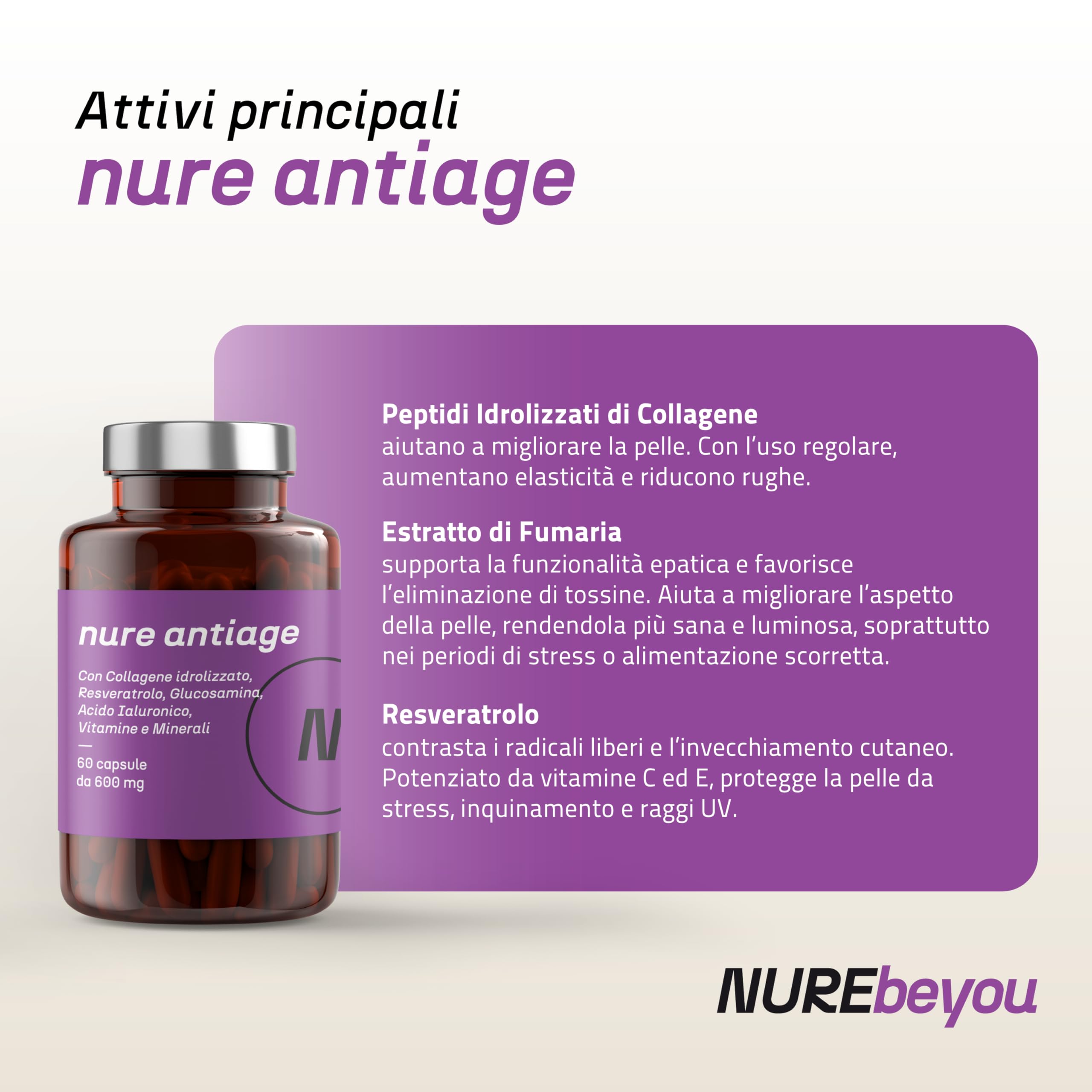 NURE Antiage 60cps | Integratore Anti-invecchiamento, integratore collagene, acido ialuronico viso, collagene idrolizzato | Acido ialuronico
