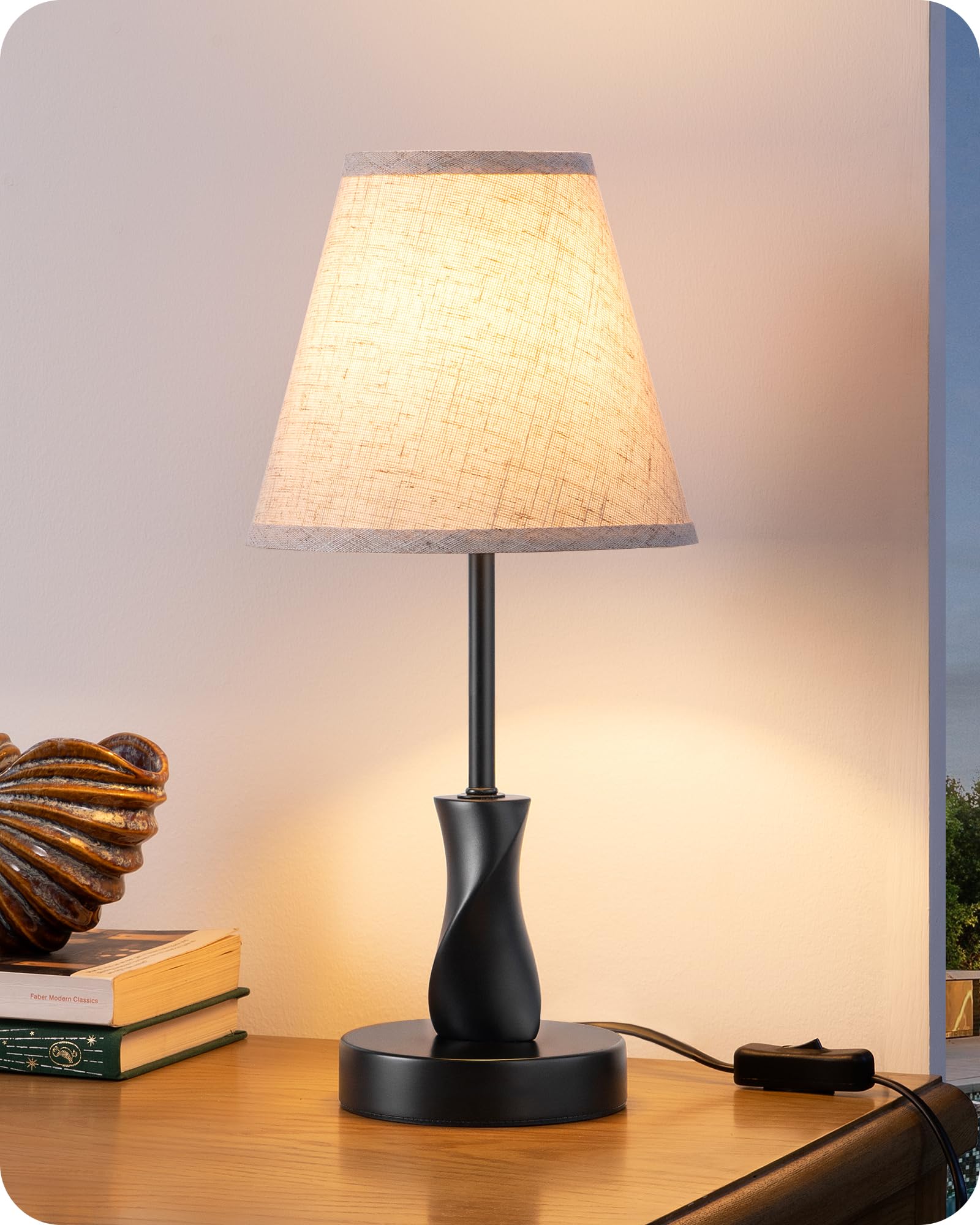 EDISHINE Bedroom Table Lamp, Modern Bedside Lamp with Oatmeal Fabric Linen Shade, Solid Wood Base