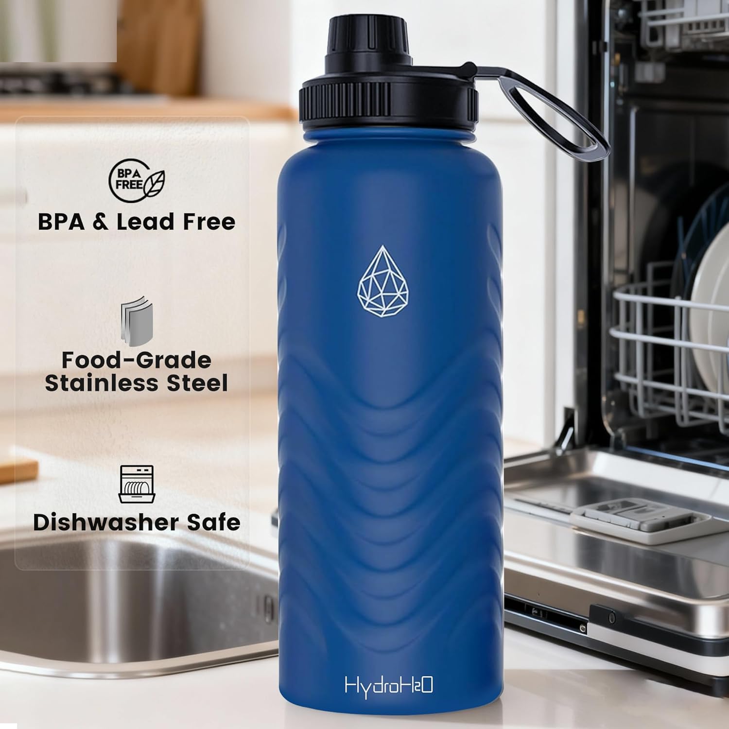 24oz Stainless Steel Insulated Water Bottle, 48H Ice Cold & 24H Hot, Leak-Proof Wide Mouth Lids (Straw & Spout), BPA-Free Bottles, Mens Water Bottle for Gym, Hiking, Travel - Blue - Image 5