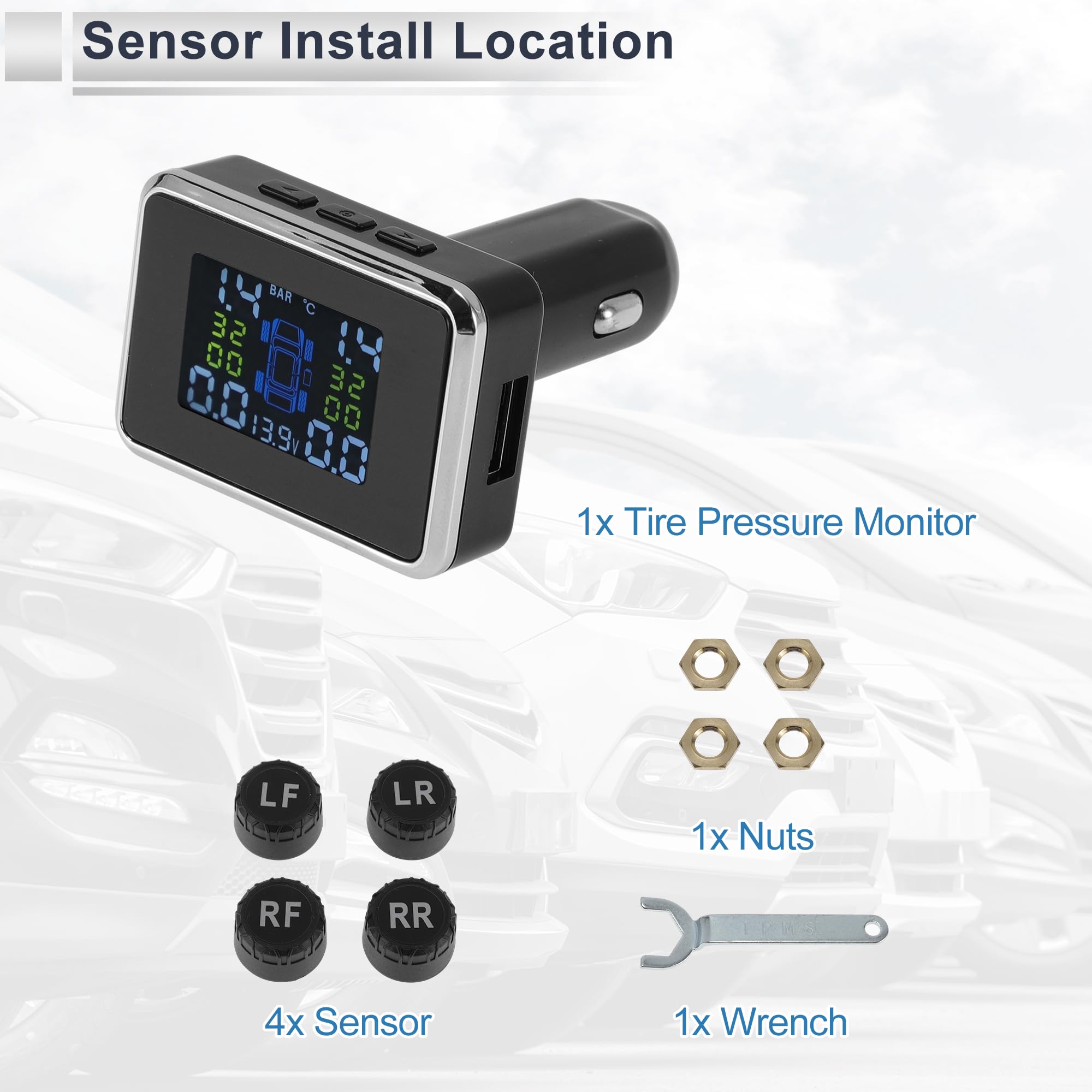 Accendisigari TPMS Universale Sistema Di Monitoraggio Della Pressione Degli Pneumatici Sensore TPMS Wireless 433MHZ Kit 1 Set