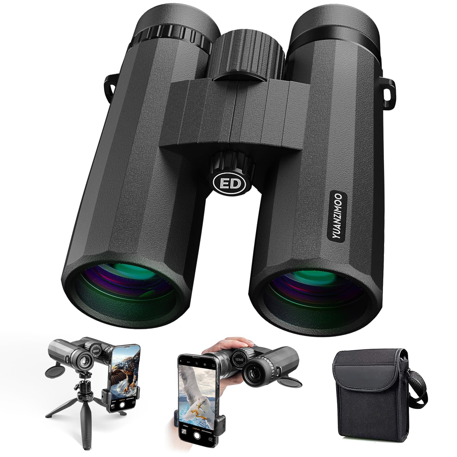 12x42 Binoculars for Adults High Powered Binoculars Waterproof Compact Binoculars with Low Light Night Vision for Hunting Outdoor Sports Concerts Bird Watching Black
