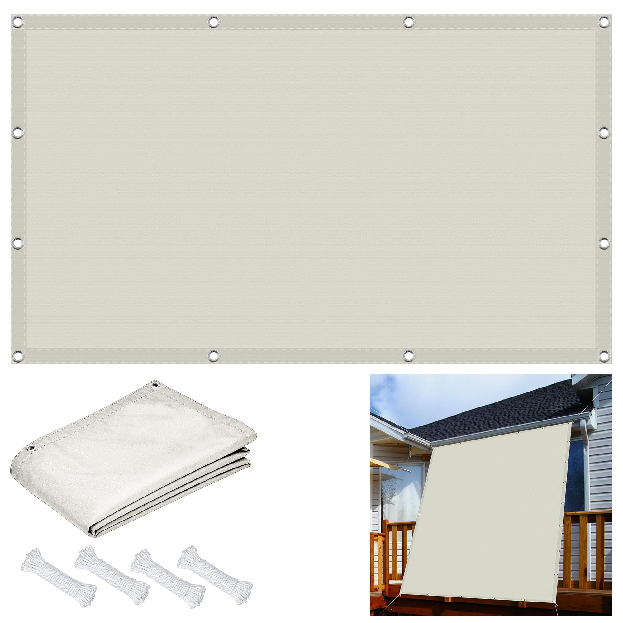 Wodoodporny żagiel na patio 350 x 580 cm (138 x 228 cali) - 95% zacienienia promieni UV, do ogrodu, na podwórko, pergola, zawiera linę, kolor kości słoniowej