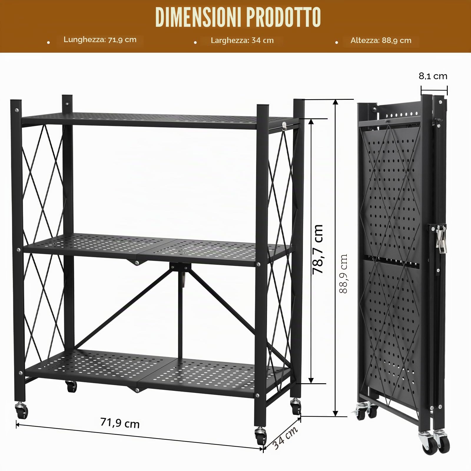VELPAX Pieghevole Scaffali in Metallo con Ruote,3 Piano Ripiano Scaffale con Ruote,Soggiorno con 3 Ripiani,gehören Camera da Letto,caffale Pieghevole,Mobili per Cucina