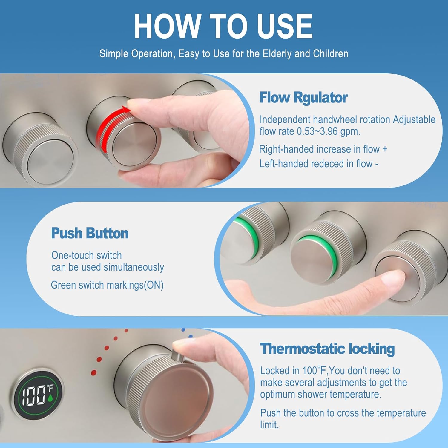 Enga Shower Faucet Set Brushed Nickel Shower System, 16"+6" Dual Head with Handheld & 6 Body Jets, 4 Way Temperature Display Push Button Diverter, Shower Jets System Use At Once