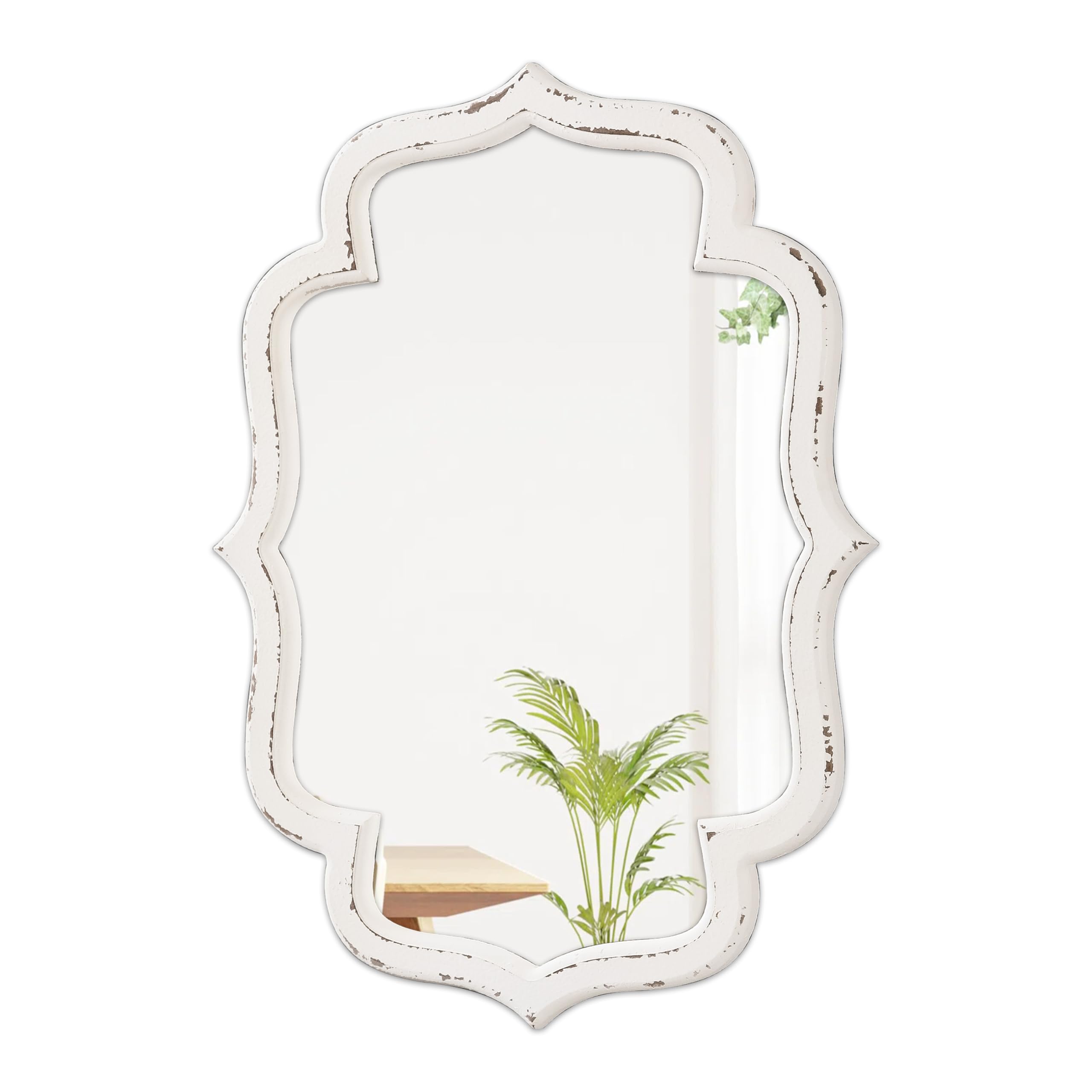 Miroir ovale festonné en bois blanc vieilli pour salle de bain rétro 45x61 cm