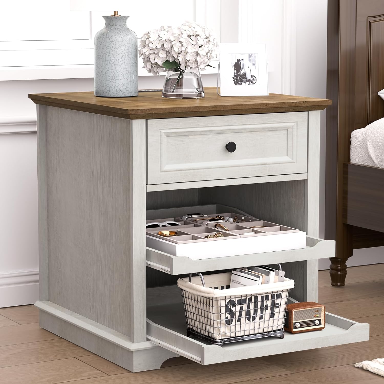 Lateral File Cabinet 3 Drawer File Cabinet with Charging Station, Printer Stand with Open Adjustable Storage Shelves, Lateral Filing Cabinet for Home Office