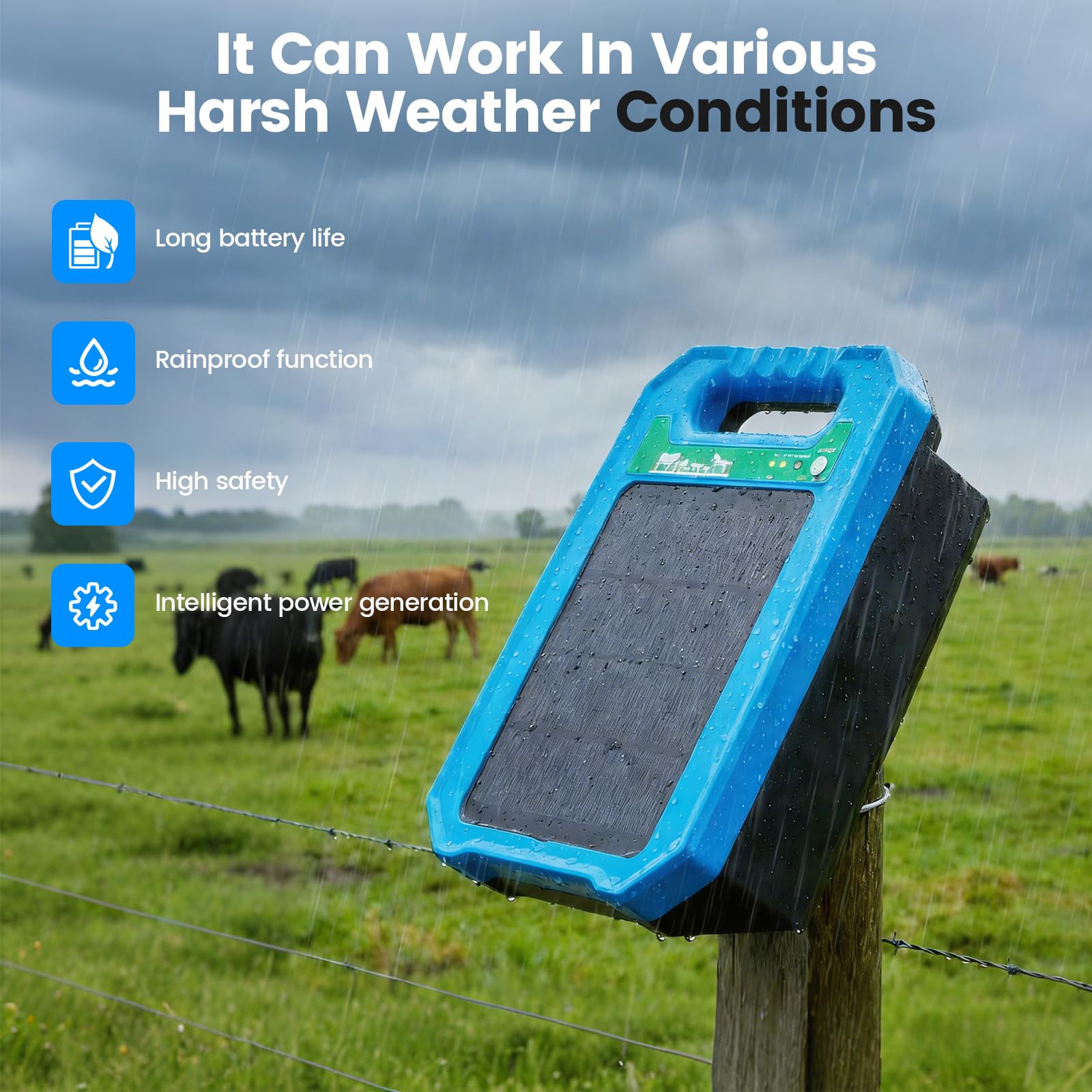 Pastor Eléctrico Solar 5KM, 0,2J Salida 8kV Impulso, Pastor Eléctrico con Panel Solar y Batería, IP55 Impermeable, Protección 24/7 para Ganado, Caballos, Aves de Corral