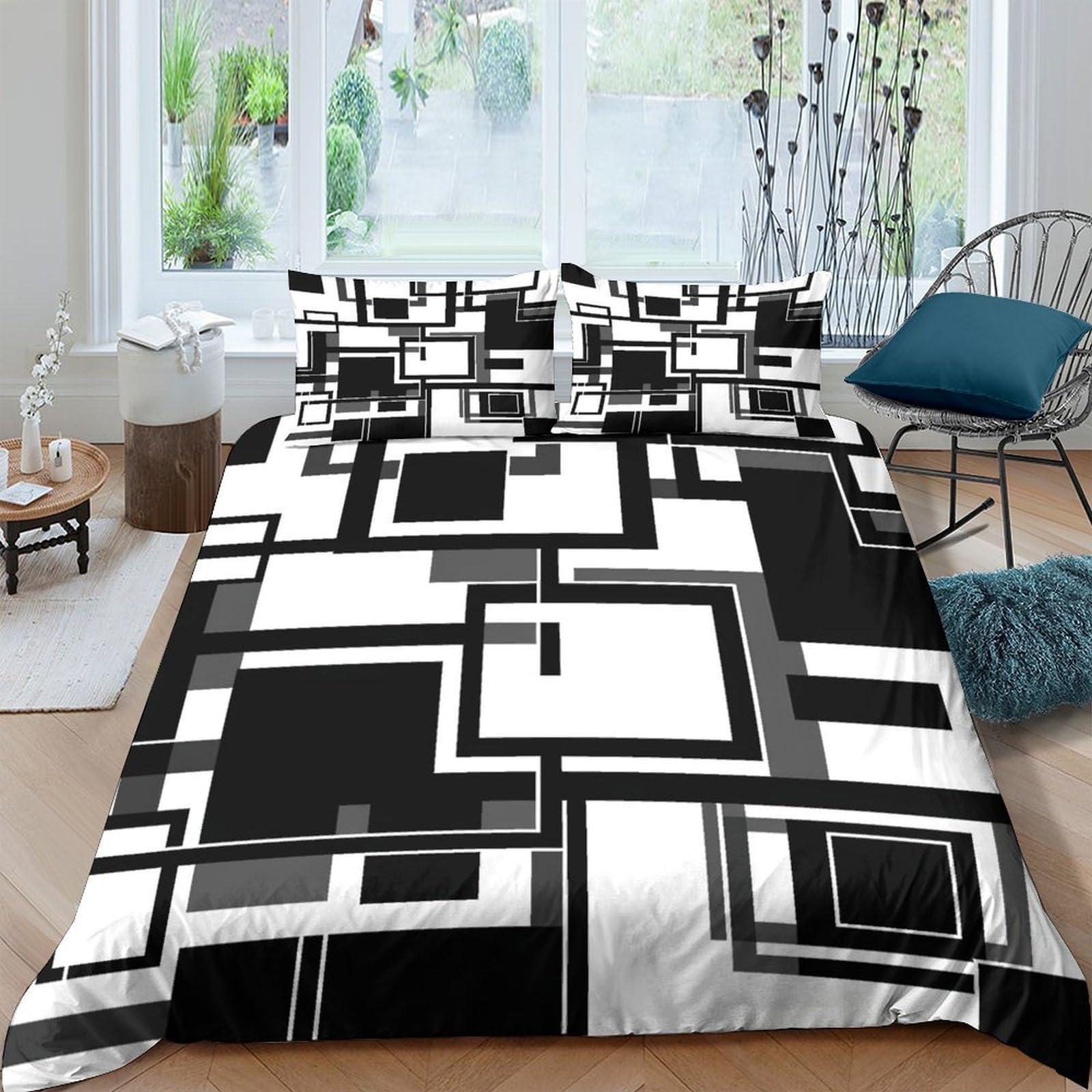 Ctjqhvkz Style-4 3D Printed Geometric Black White Fitted Sheet Microfiber Modern Abstract Mattress Cover For Bedroom Dorm Easy Care Single（135X200cm）