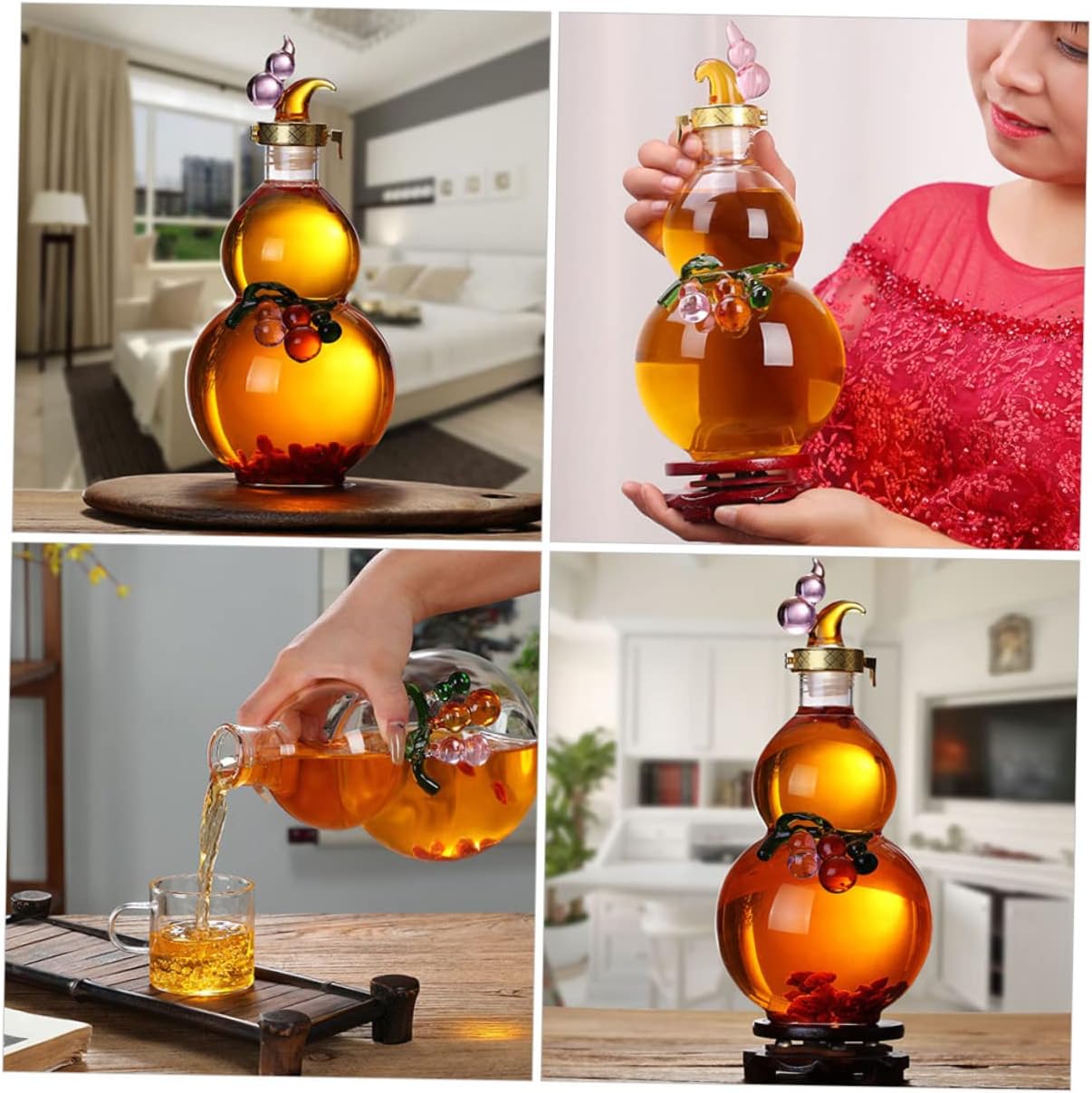 ABOOFAN Artistic Wine Gourd Bottle Clear Glass Metal Tin Lid Home Decor Present for Family Friends Color
