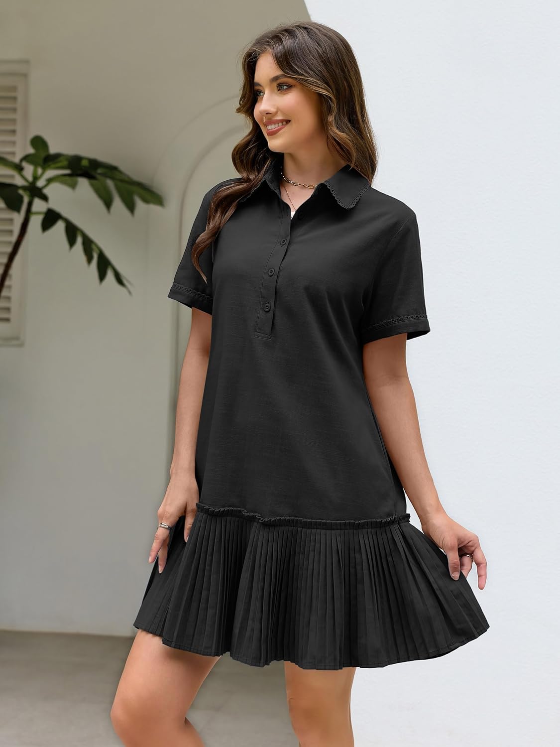 ECOWISH Women Summer Shirt Dress- V Neck Short Sleeve Casual Shift Dresses Button Down Mini Dresses with Pocket - Image 7