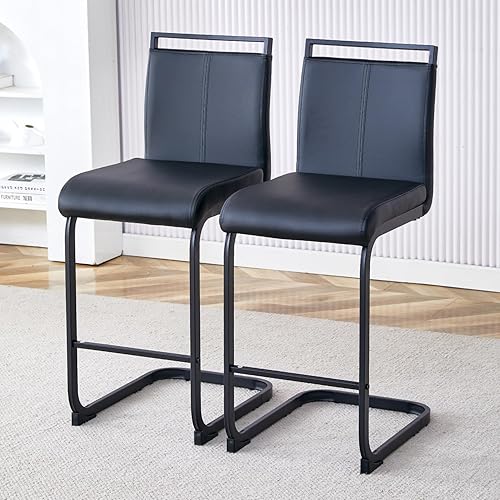 Bar Stools Set of 2,Counter Height Bar Stools with Backs,Black Faux Leather Kitchen Stools with Black Powder Coated Metal Legs.High Dining Chair Ideal for Kitchen Counter Dining Island Bar Pub