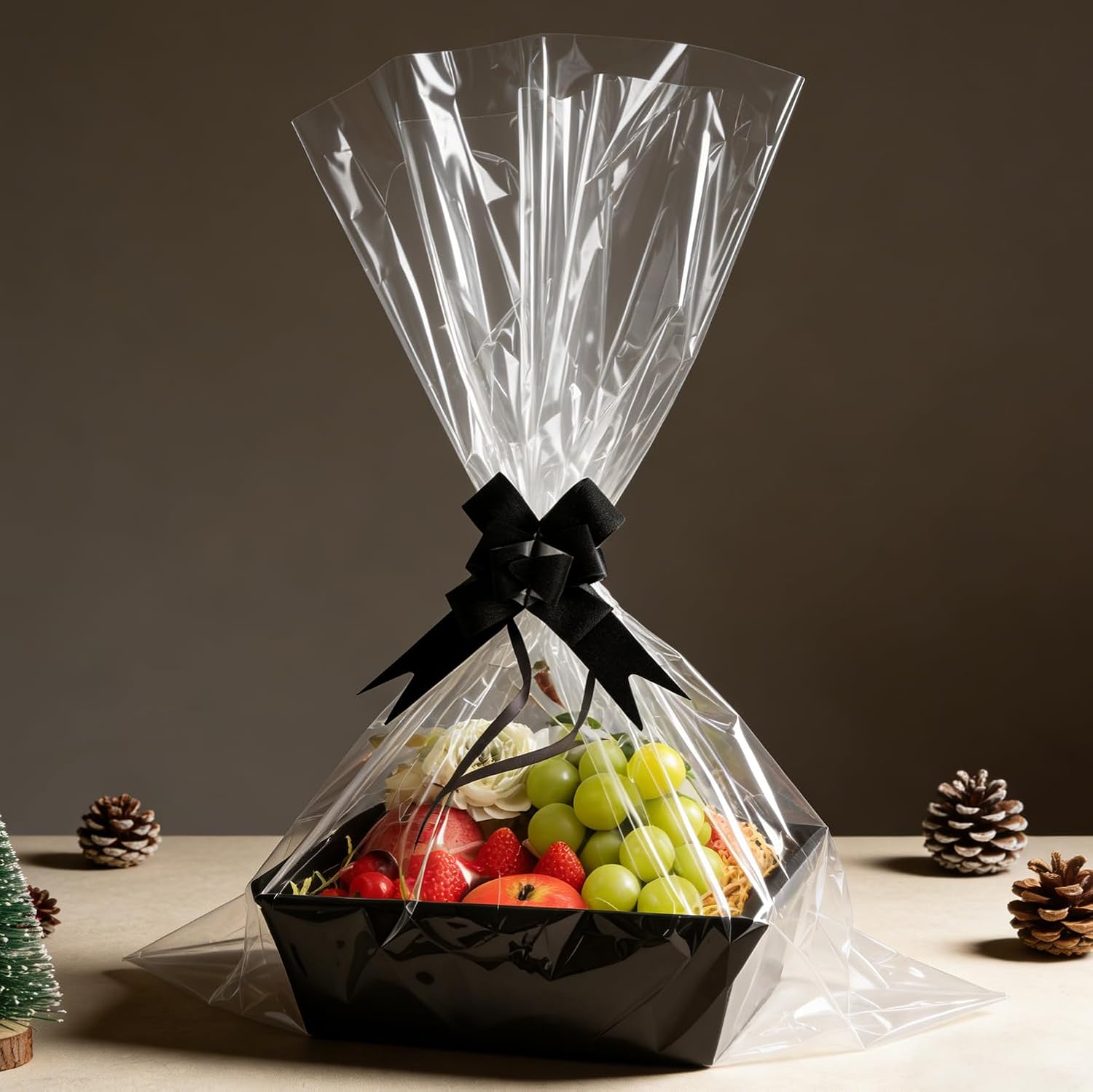 10 Set Baskets for Gifts Empty, 10 x 8” Thick Kraft Gift Basket with Cellophane Wrap and Pull Bows, Empty Gift Basket Set for Graduation Christmas Thanksgiving Valentine Easter Wedding (Black)