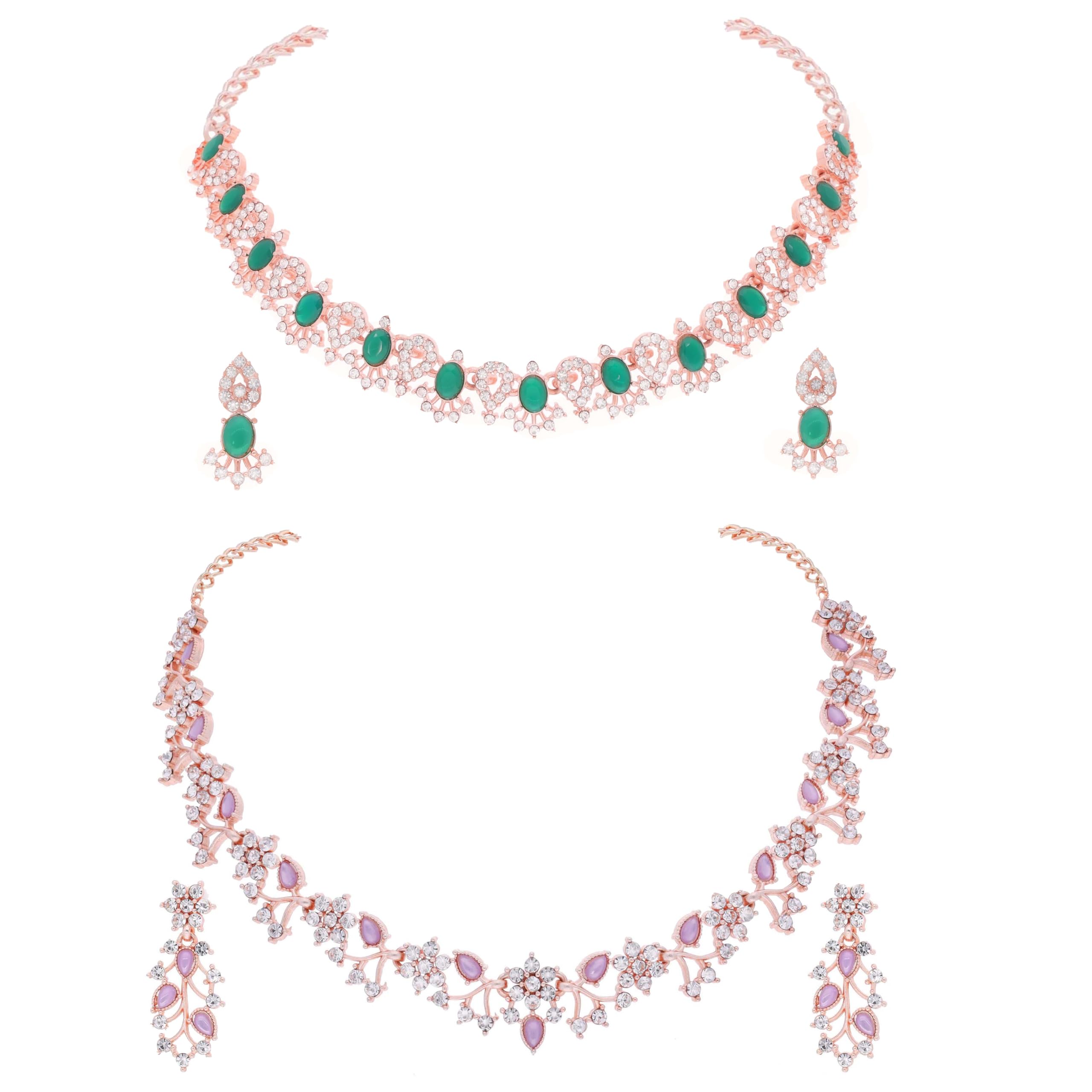 brado jewellery Pack Of 2 Rose Gold AD Necklace Set with Matching Earrings and Choker for Women & Girls-picture-26