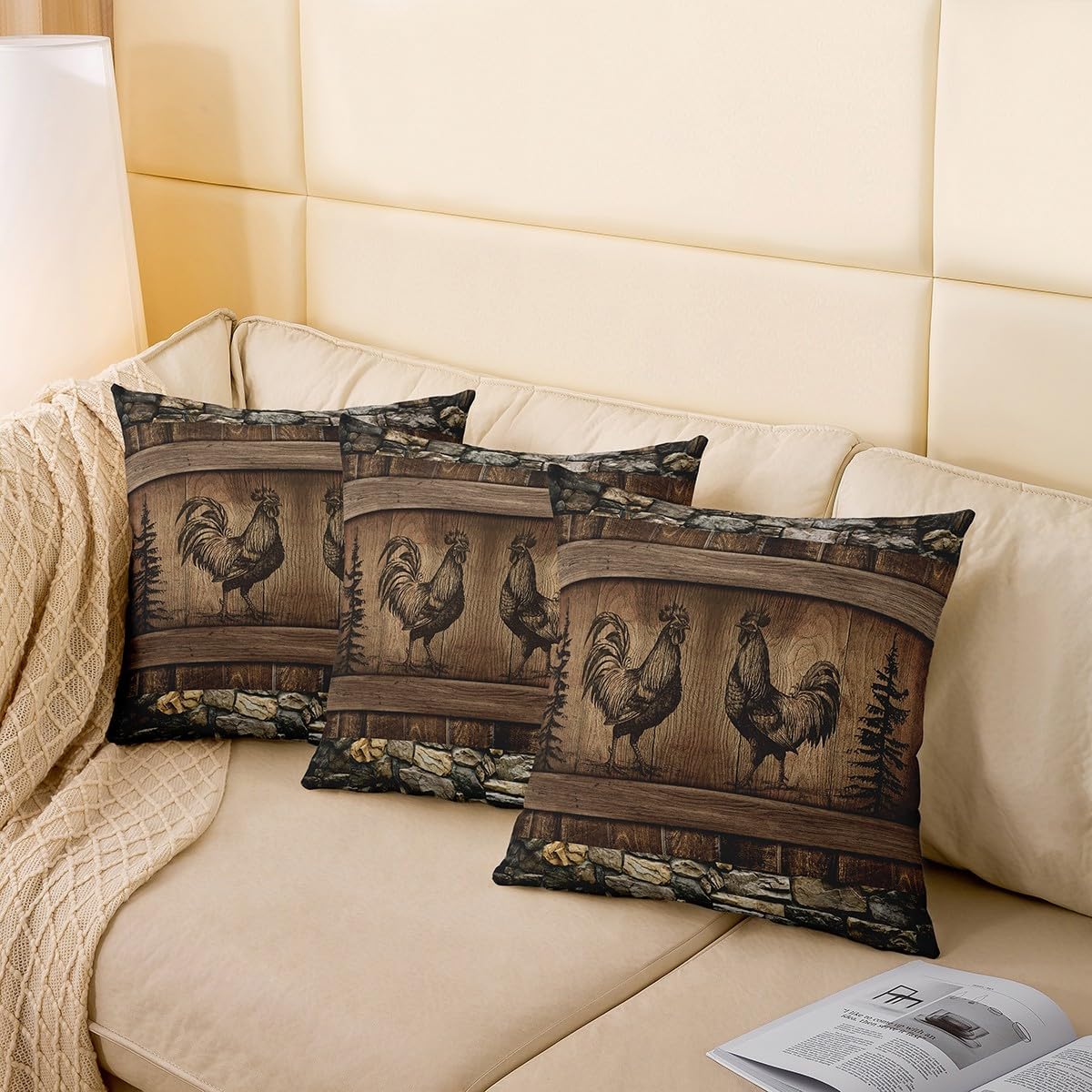 Erosebridal 3D Chicken Set of 2 Cushion Covers 22x22 Inch,Black Rooster Pillow Covers,Poultry Animal Throw Pillow Covers,Brown Retro Wooden Decorative Accent Pillow Cases Reversible,Bedroom Decor
