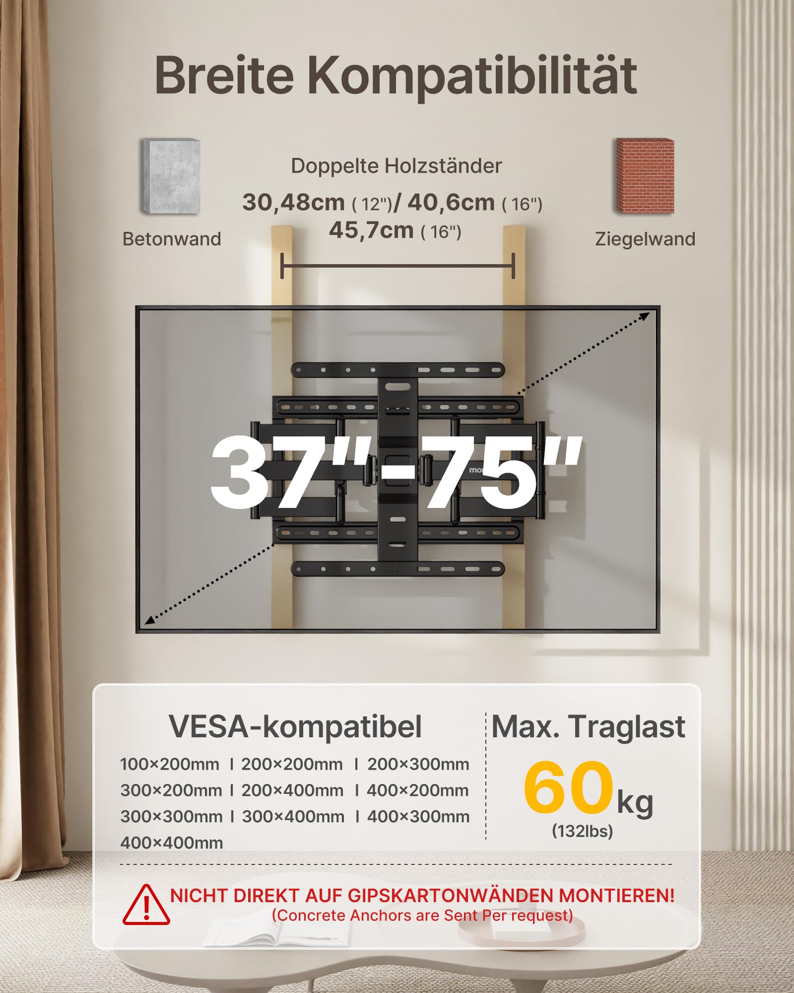monTEK Supporto da parete ultra sottile da 1,1" per TV da 37-75 pollici fino a 60 kg, supporto TV a basso profilo, orientabile, inclinabile ed estensibile, supporto da parete completamente mobile