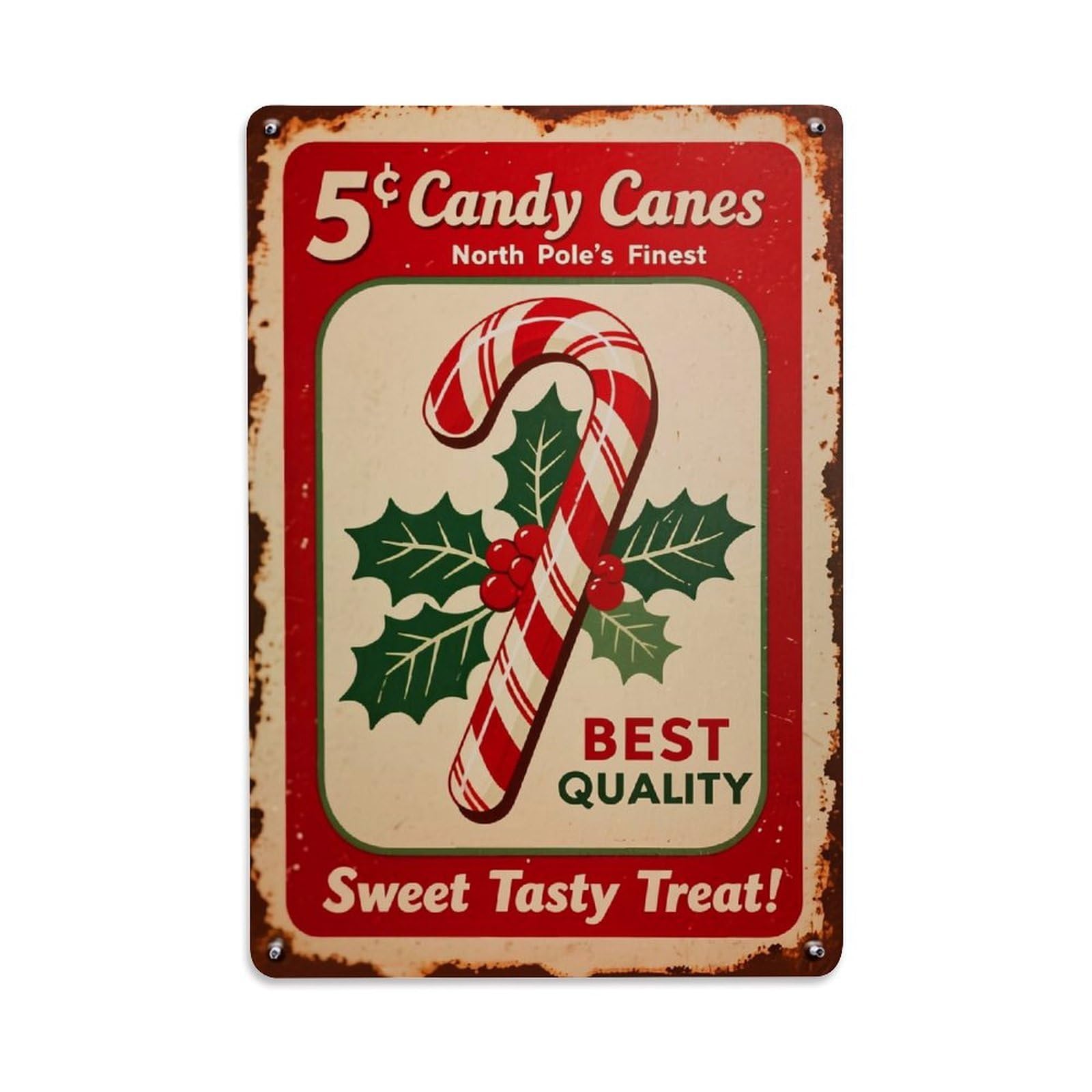 Candy Cane Holly Berries Stripe Retro Metal Tin Sign, Vintage Decor Art Poster for Bar, Home, Man Cave, Kitchen, Laundry Room Gift 8x12Inch