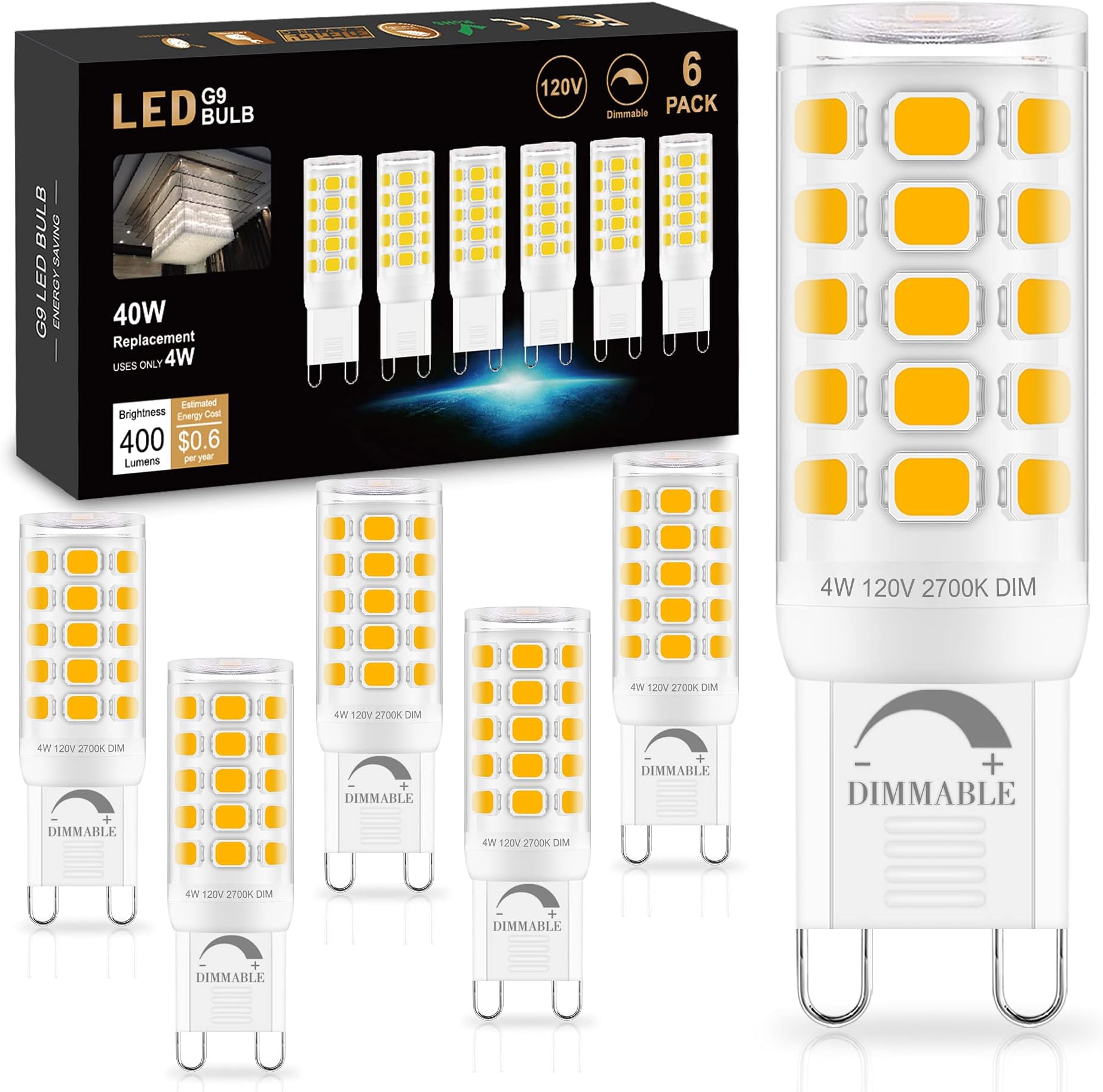 Sailstar G9 LED Bulb Dimmable 2700K Soft Warm White 6 Pack, T4 G9 4W Replacement for 40 Watts Halogen, Ceramic Bi Pin Base, 120V 400 Lumen 360°Beam Angle, G9 Light Bulbs for Chandelier