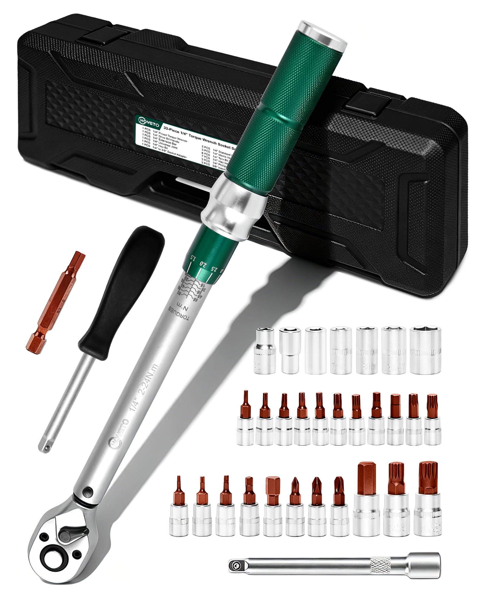 HOYETO 33PCS Bike Torque Wrench Set 2-24 Nm, 1/4" Drive, ±3% Accuracy, 72 Teeth Dual-Direction Adjustable, with Extension Bar, Socket Bits (Hex & Torx & Phillips), for Mountain Bike, Bicycle Repair