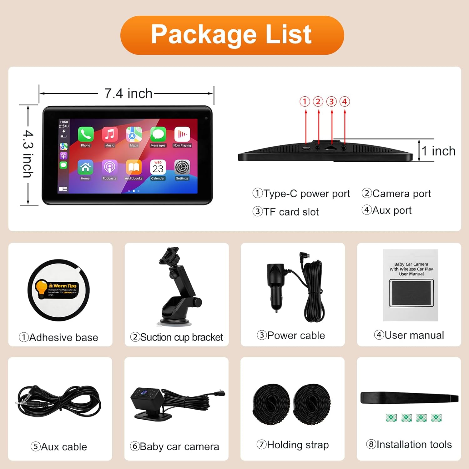 Baby Car Camera with 7" Wireless CarPlay Screen -Supports Apple CarPlay & Android Auto, 1080P IR Night Vision car Camera for Babys, HD Touchscreen Baby Monitor with Split Display, Plug-and-Play