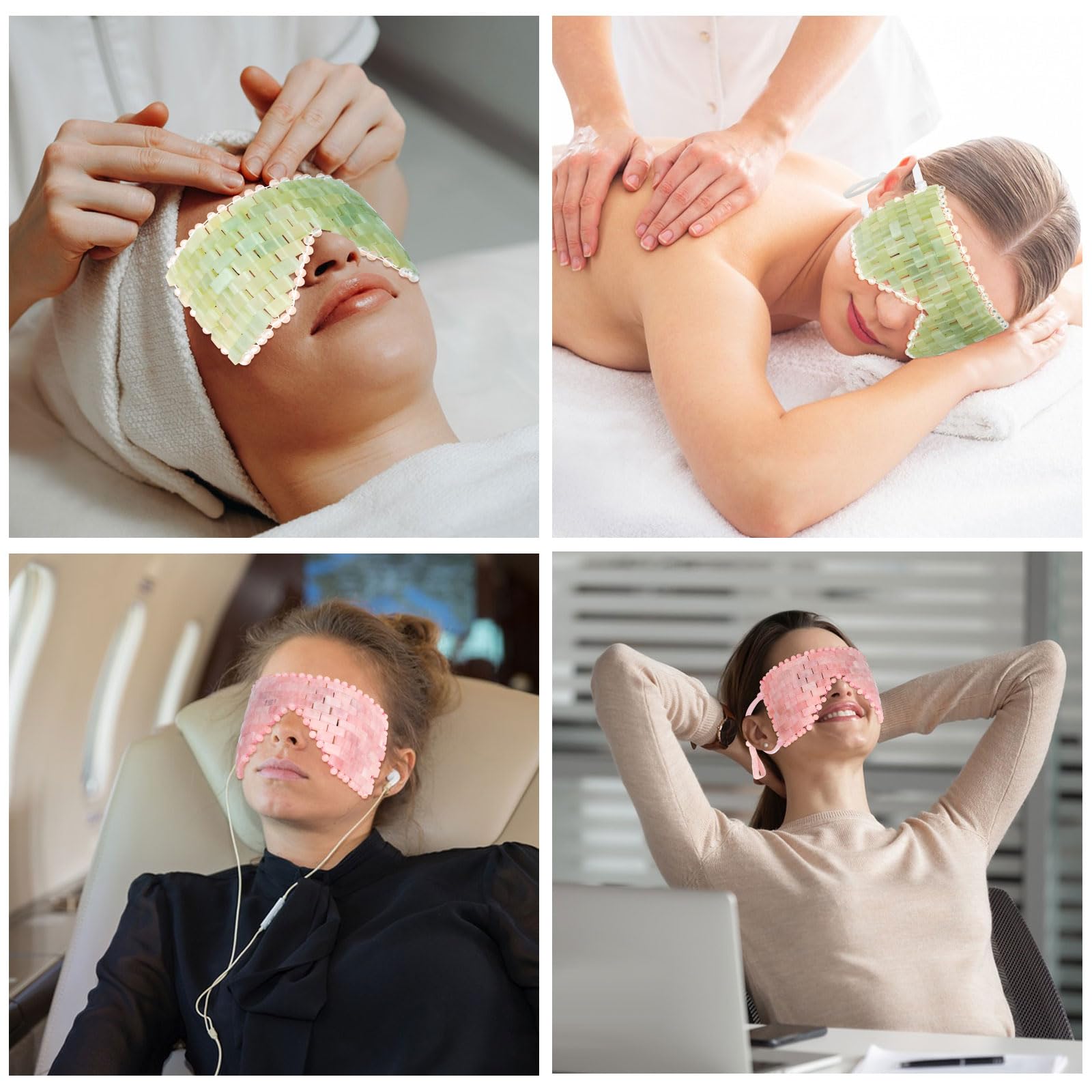 Lot de 2 masques pour les yeux en jade naturel et quartz rose – Apaisant et relaxant pour soulager les poches et les migraines avec thérapie rafraîchissante et chaude