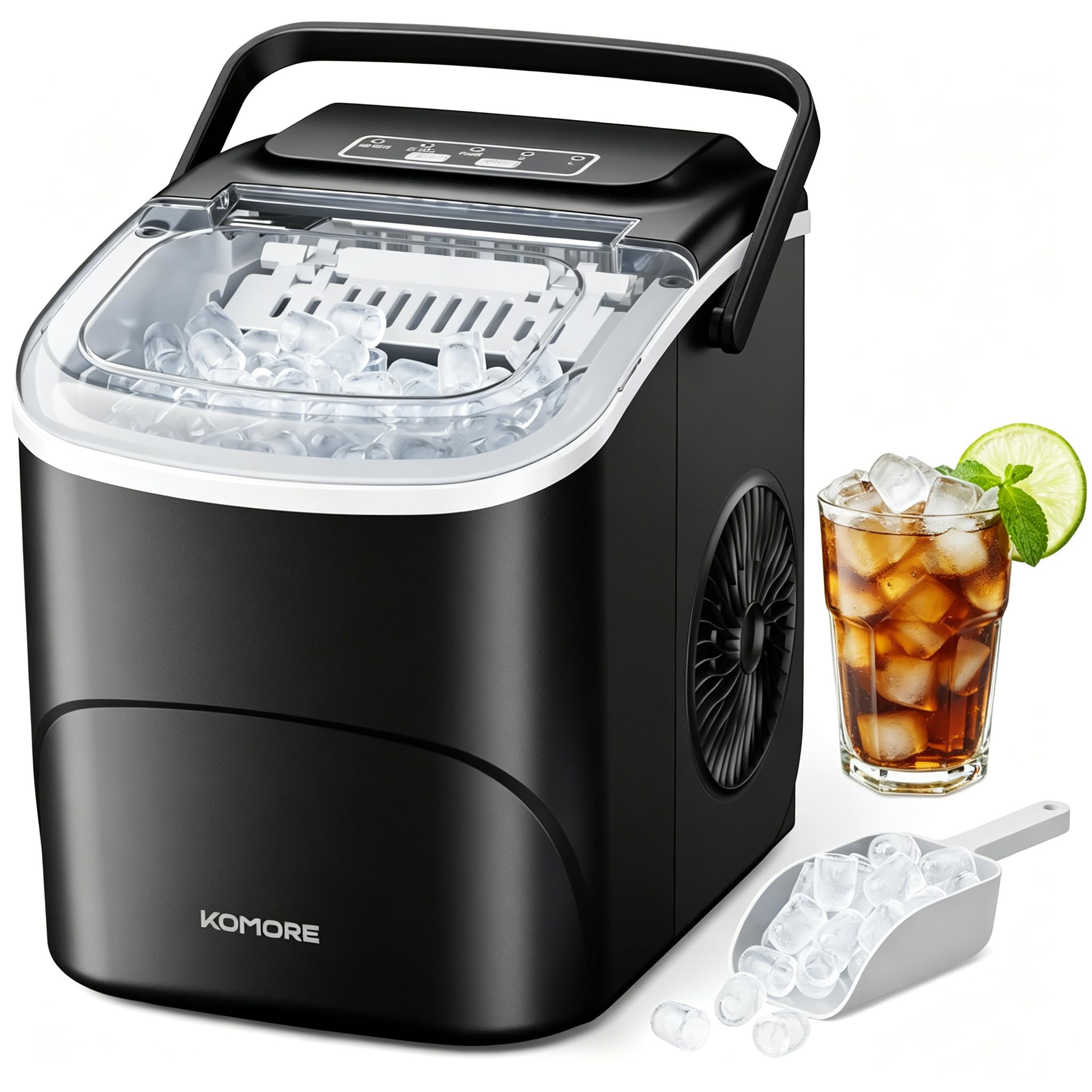 KOMORE Ice Maker, Self-Cleaning Ice Machine, Bullet Ice Maker Machine, 9 Cubes Ready in 6 Mins, 12Kg/24H, Ice Scoop & Basket, Portable with Handle, Perfect for Home/Office/Bar (Black)