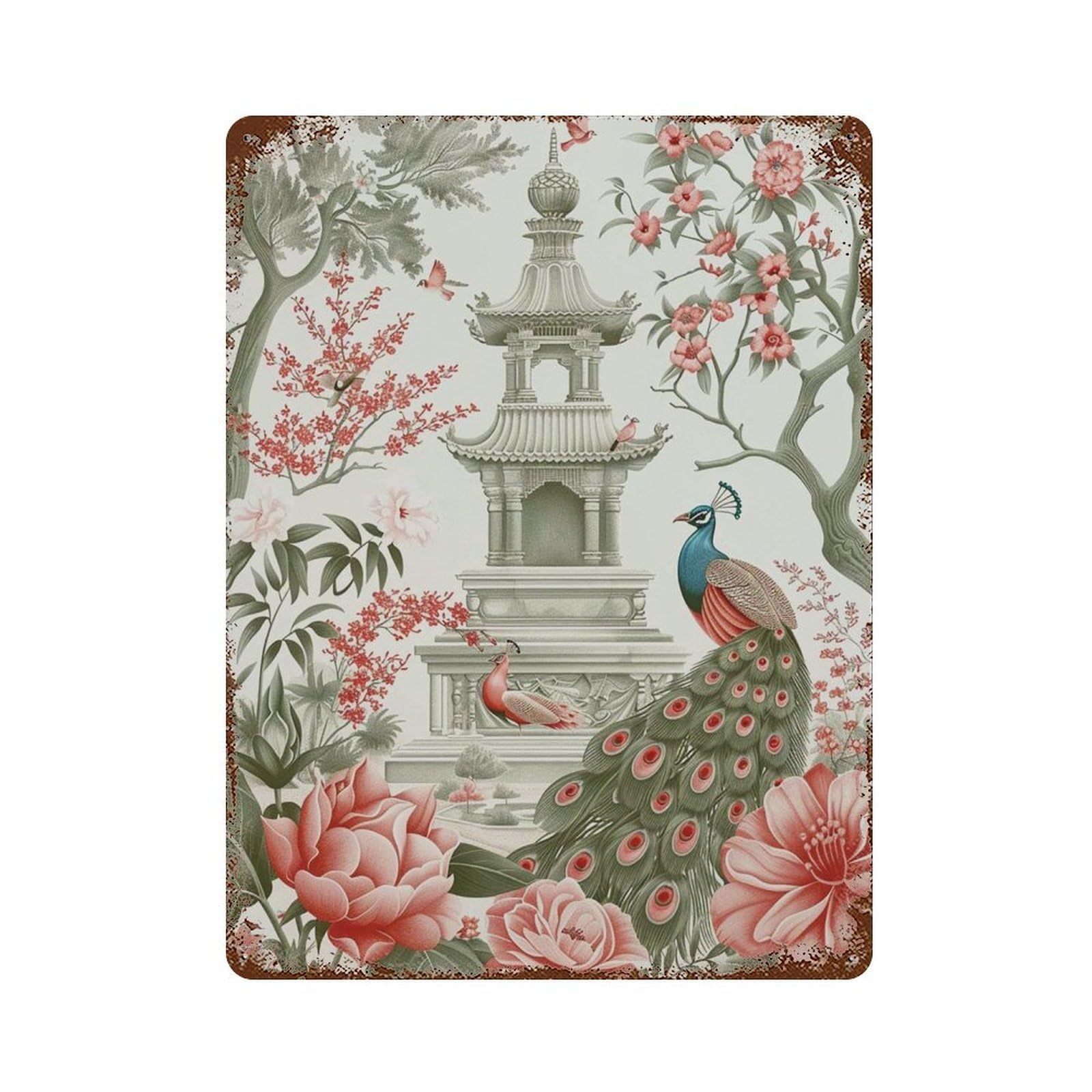 xiaoxiaoshen Chinoiserie Peacock Asian Garden Floral Pagoda Romantic Botanical Style Elegant Wall Decor Art Metal Tin Poster Modern Home Decor Art Home Bar Shop Decorations Vintage Sign 40x30cm