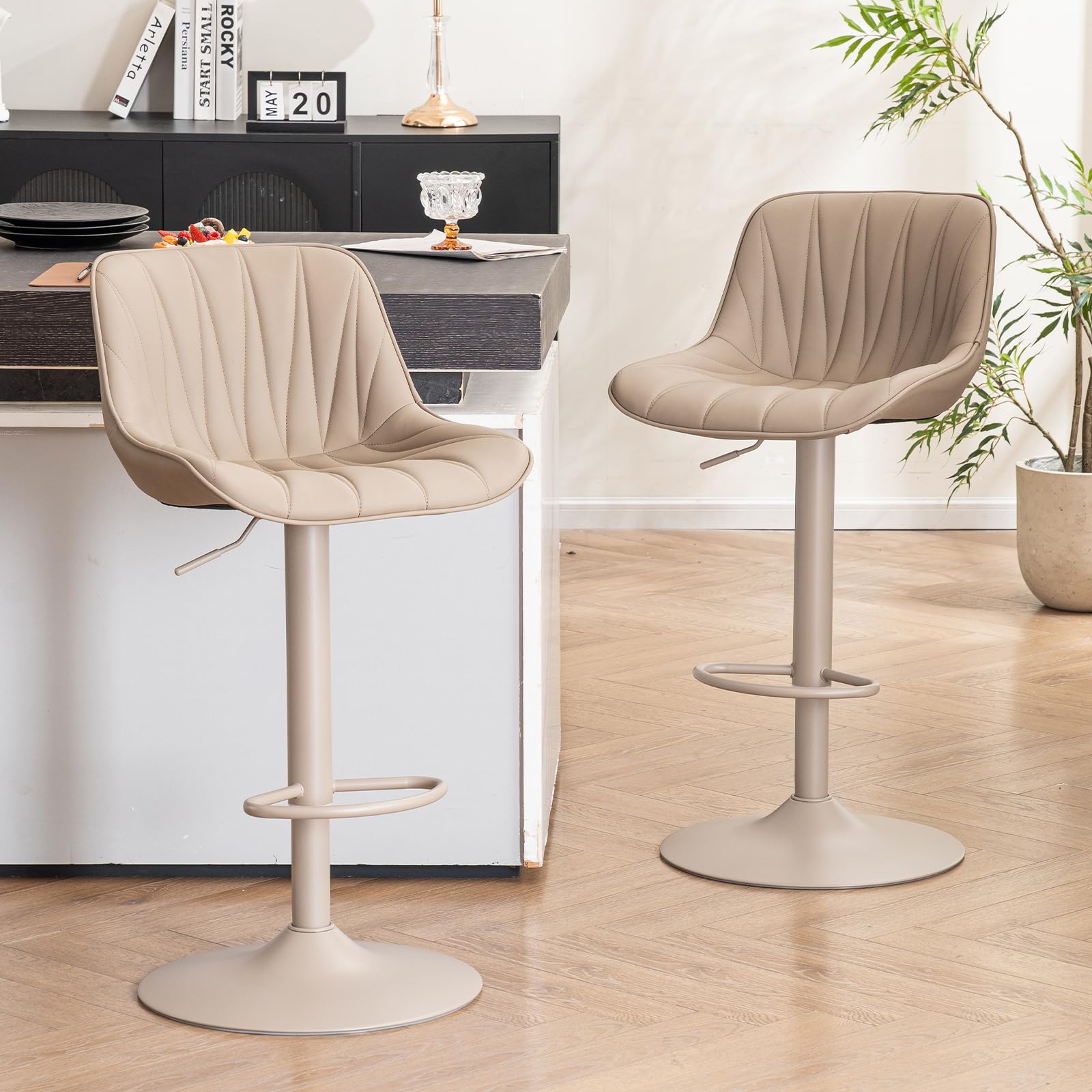 YOUTASTE Lot de 2 tabourets de bar modernes pivotants avec dossier, tout kaki | Chaise de bar avec cuir synthétique pivotant et réglable en hauteur, tabouret de bar moderne pour comptoir de bar, cuisine