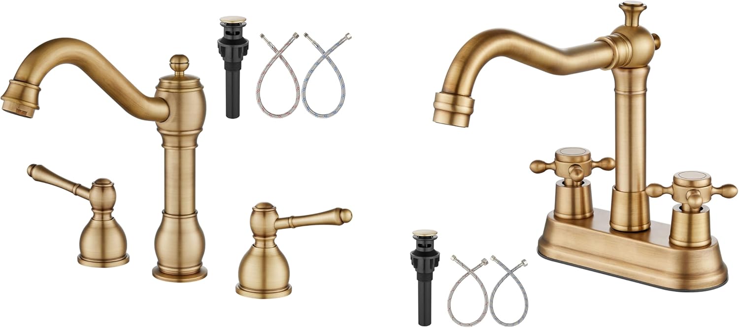 Aolemi Antique Brass 8 Inch Widespread Bathroom Sink Faucet and Bathroom Sink Faucet 4 Inch Centerset Double Cross Handles