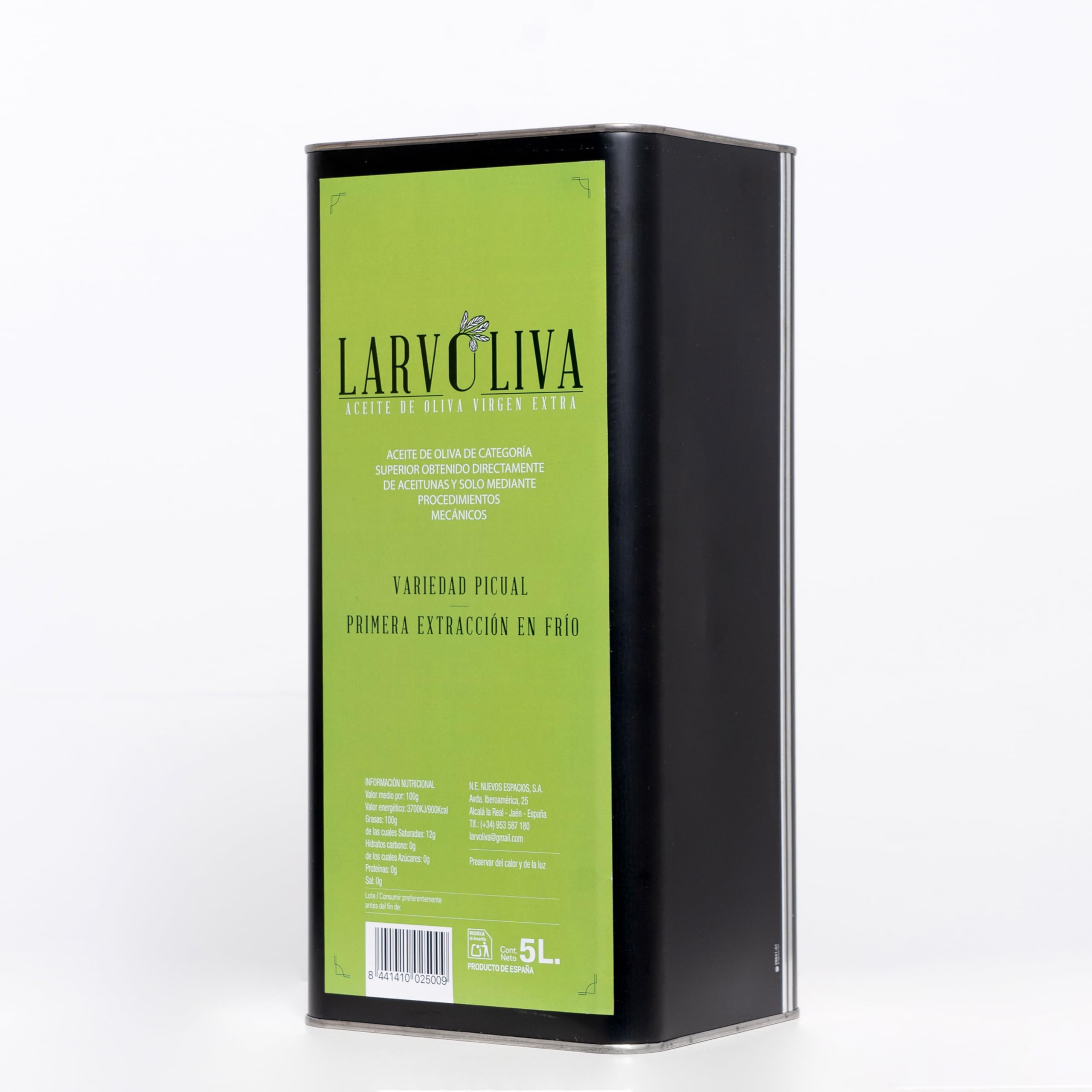 Larvoliva Aceite de Oliva Virgen Extra, Variedad Picual, Primera Extracción en Frío, Origen Jaén, Lata 5 Litros